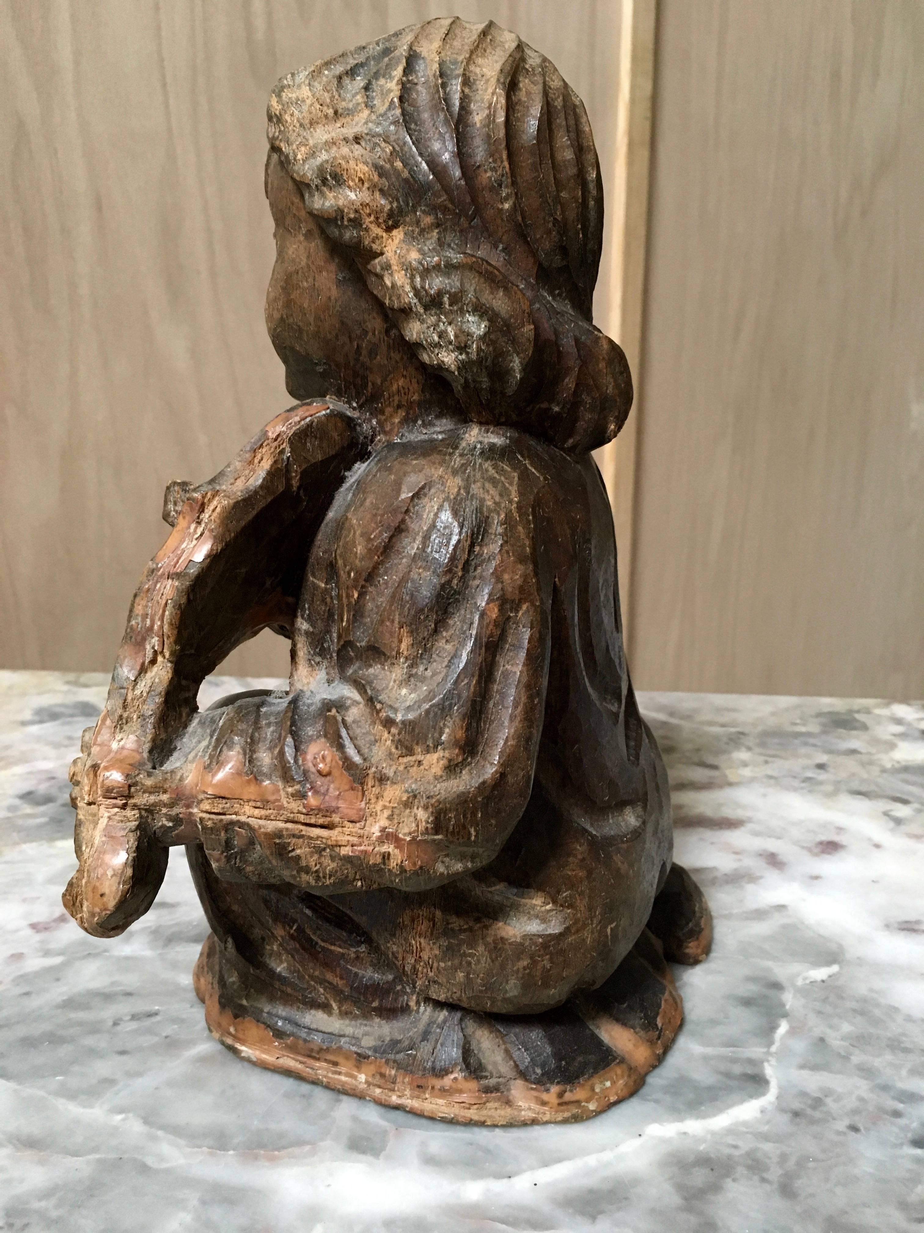 French 19th Century Hand-Carved Statue of Boy Playing Violin For Sale