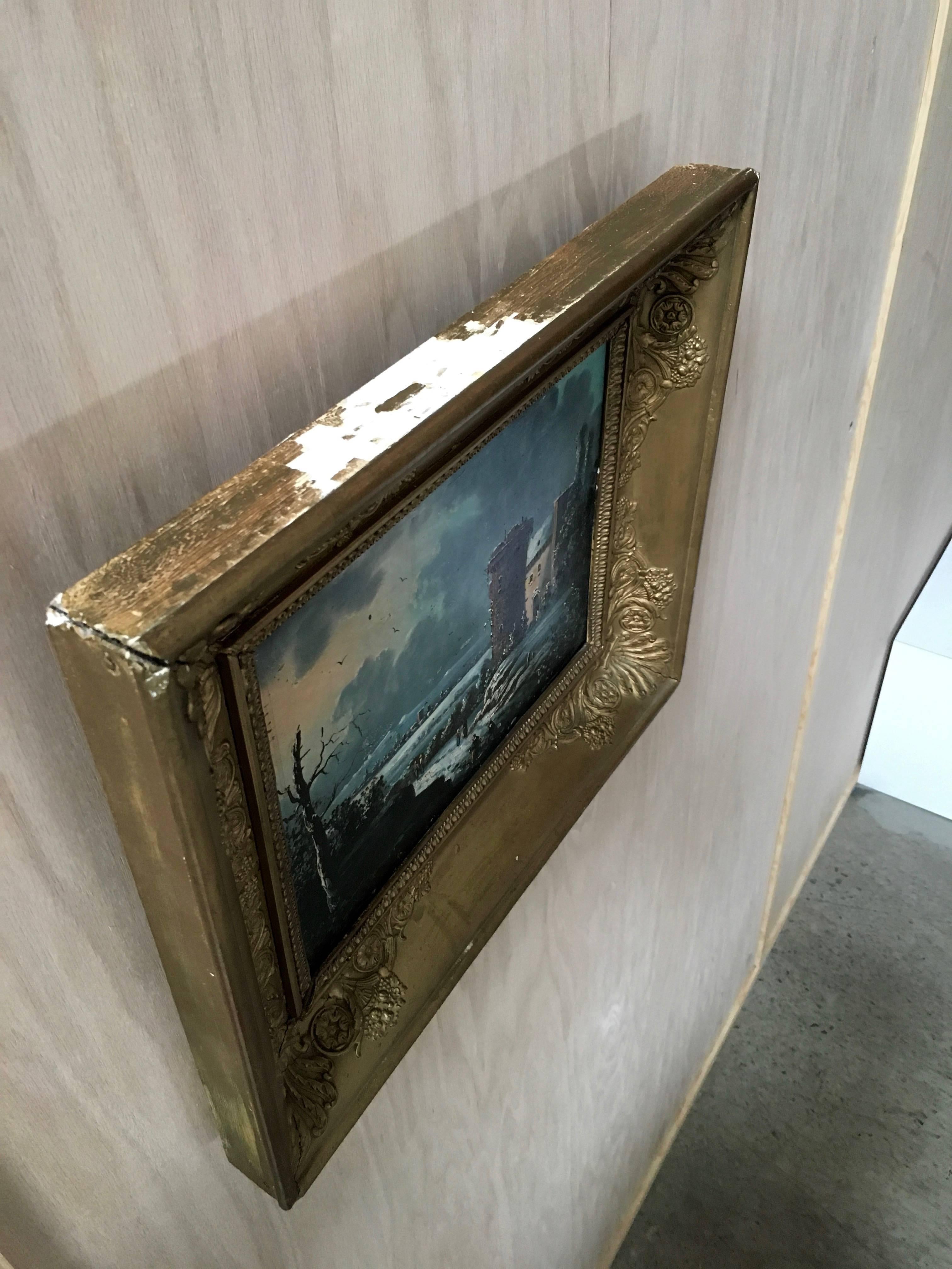 19th Century Oil on Board Castle Painting For Sale at 1stDibs