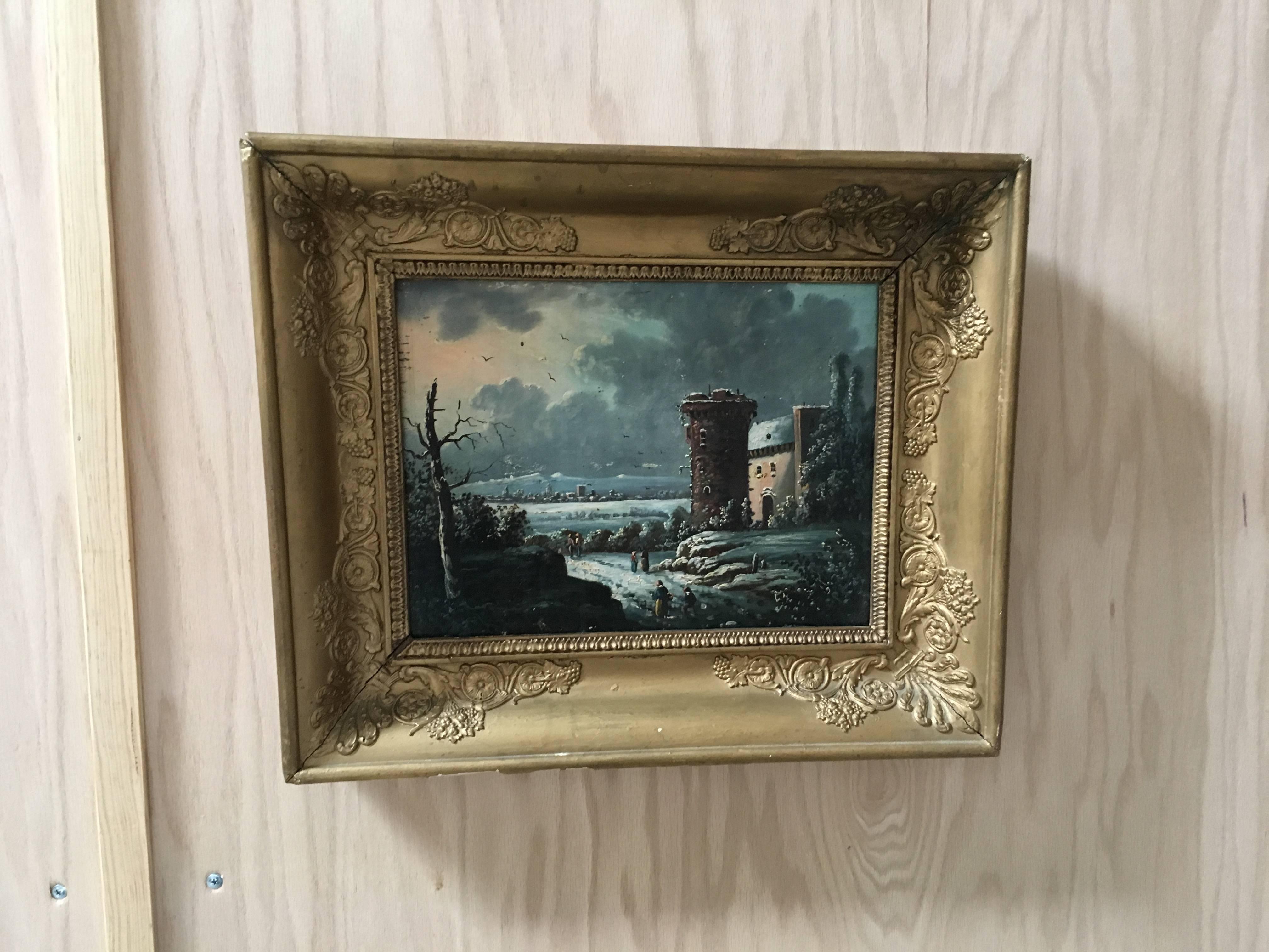 Antique 19th century oil on board painting of a castle with village in the background.