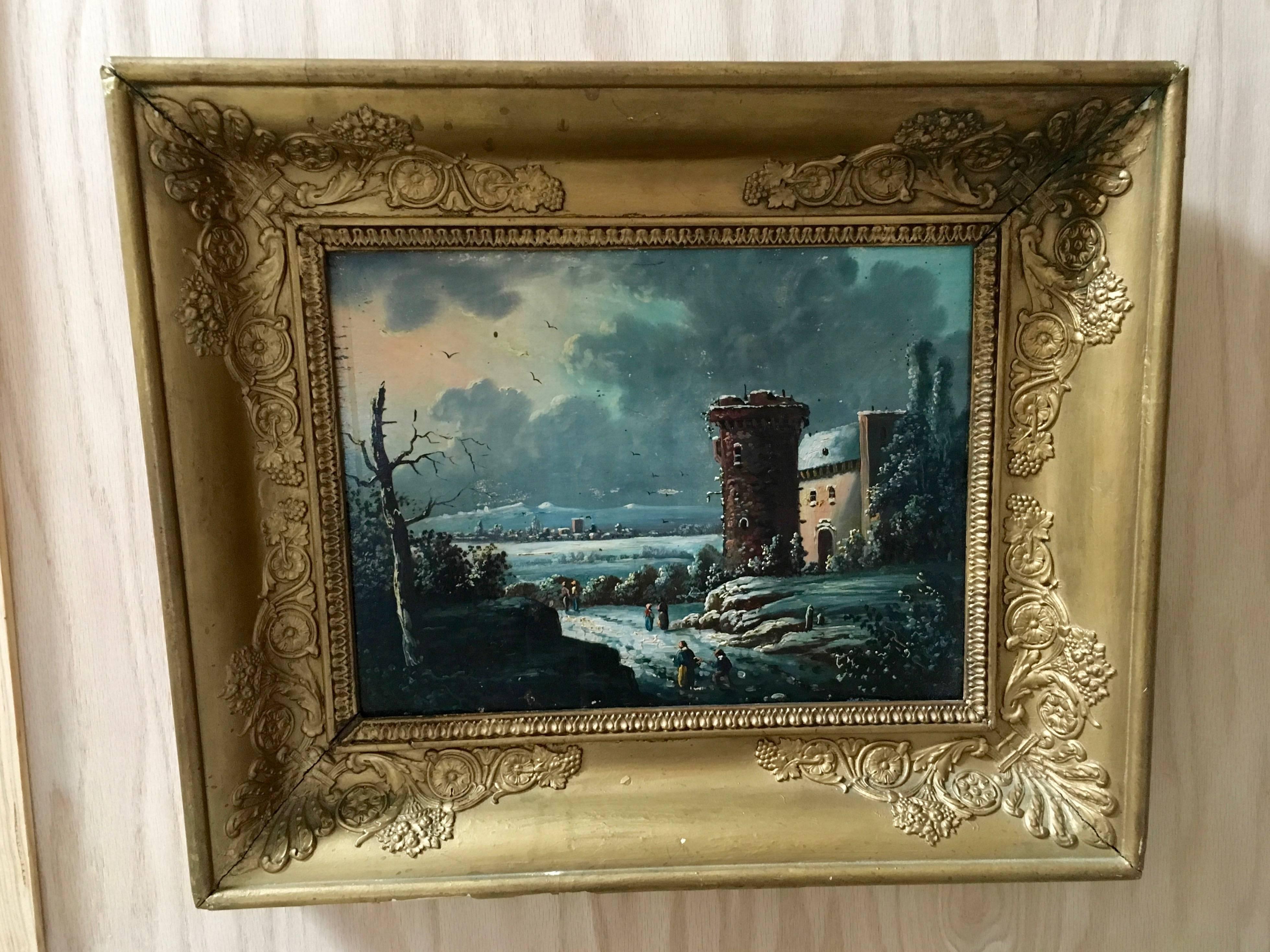 19th Century Oil on Board Castle Painting For Sale at 1stDibs