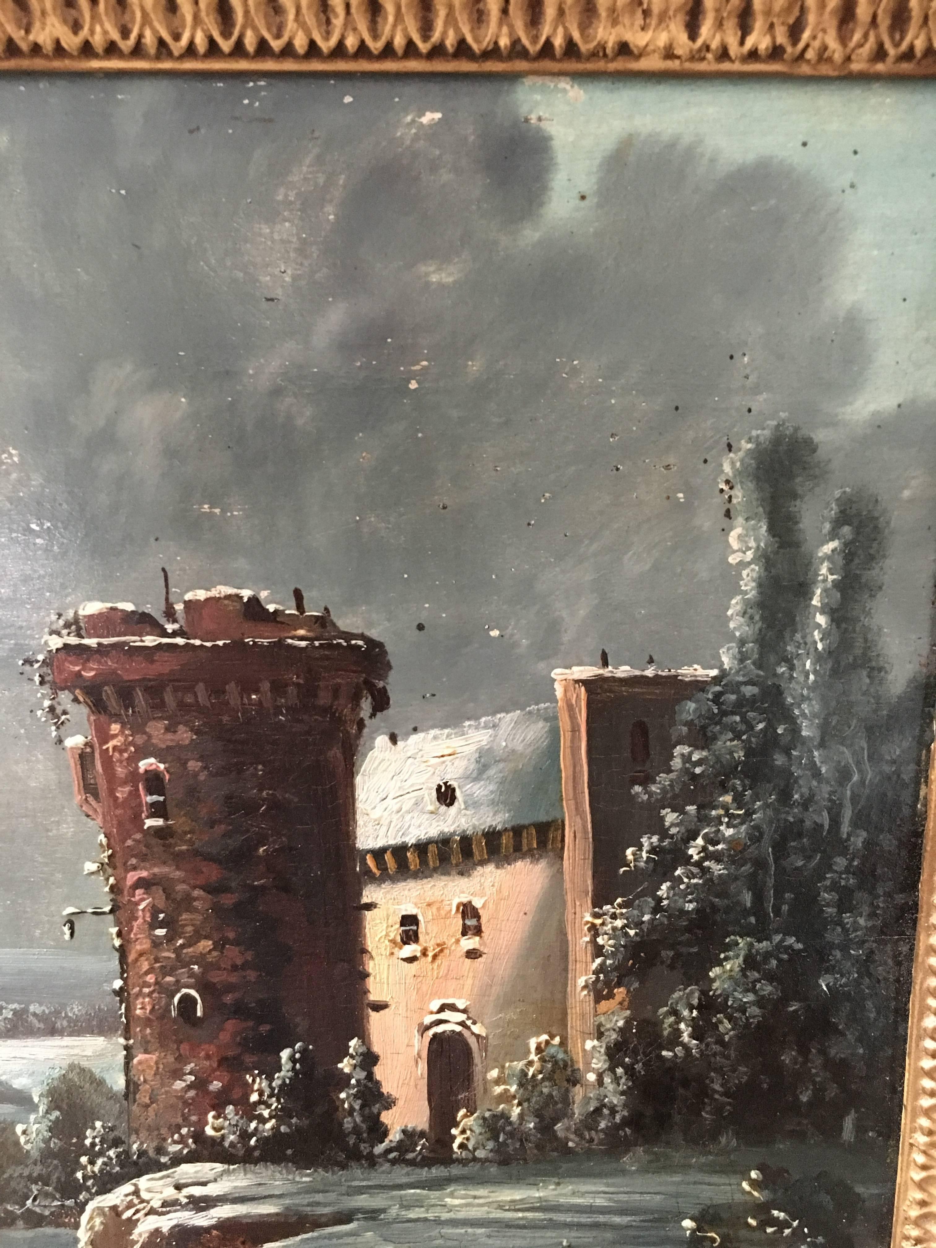 19th Century Oil on Board Castle Painting For Sale 3