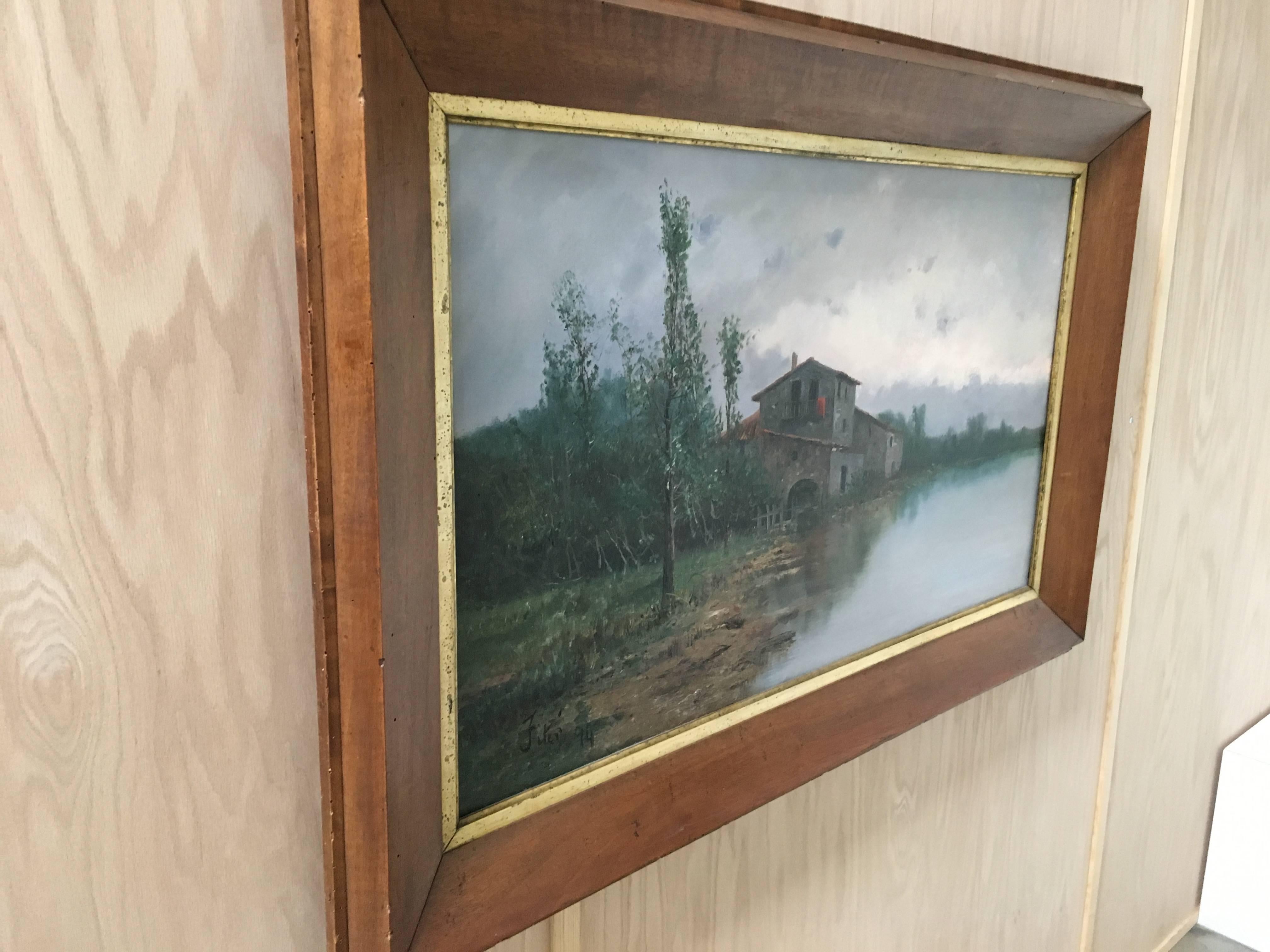 Antique 19th century country French lake house oil on canvas painting with walnut frame
Signed Fiter.