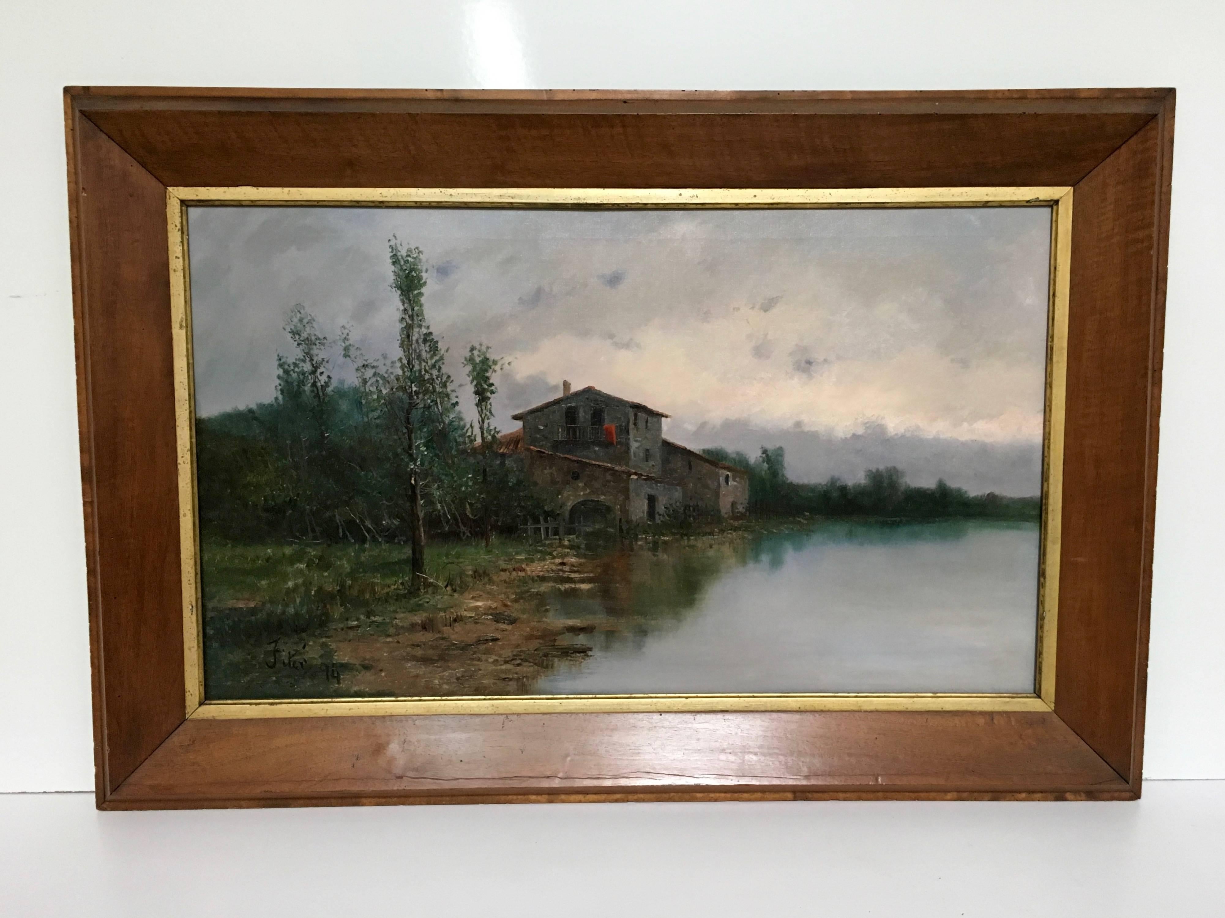 19th Century Lake House Oil on Canvas Painting In Good Condition In Denton, TX