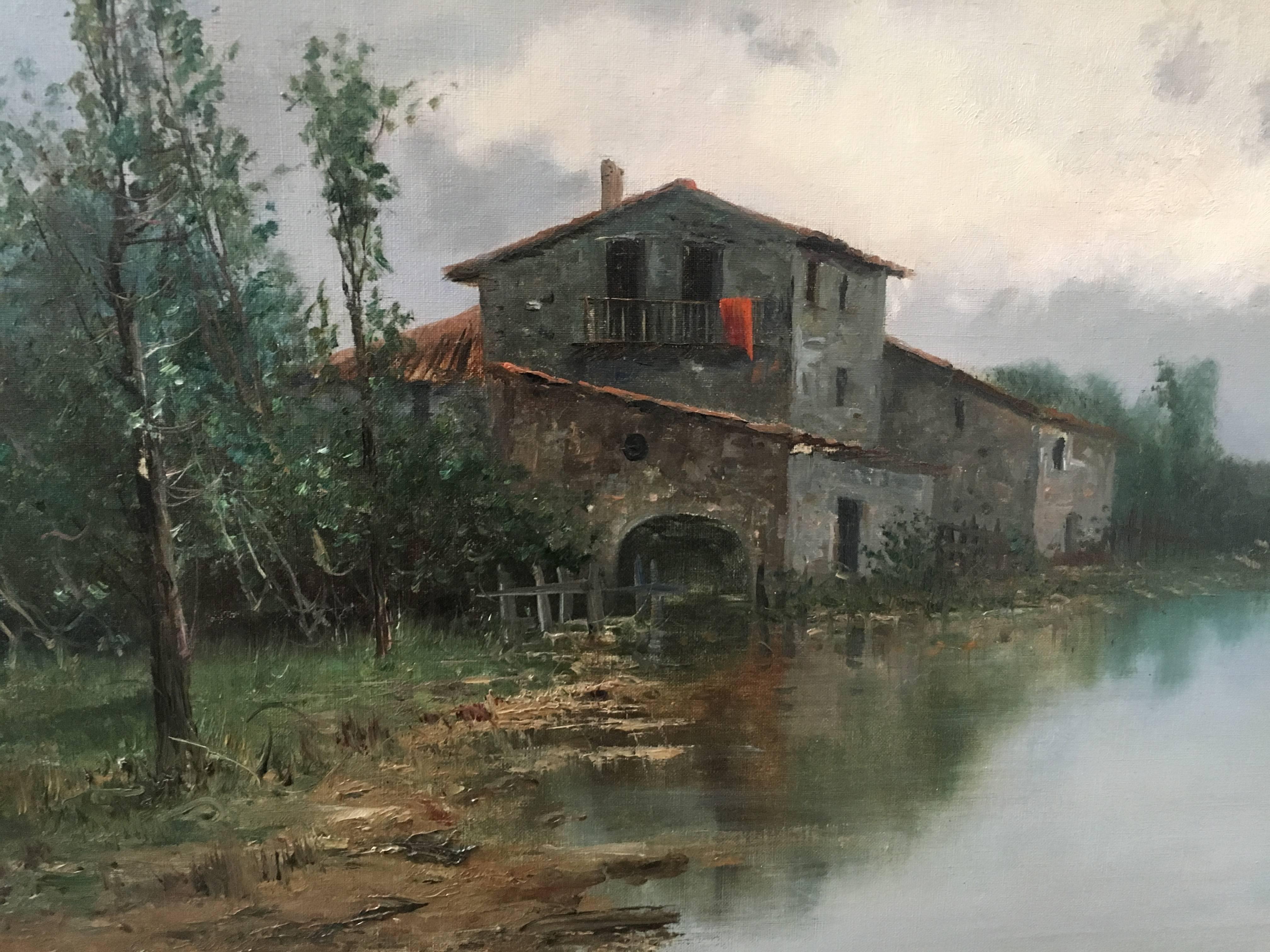 19th Century Lake House Oil on Canvas Painting 3
