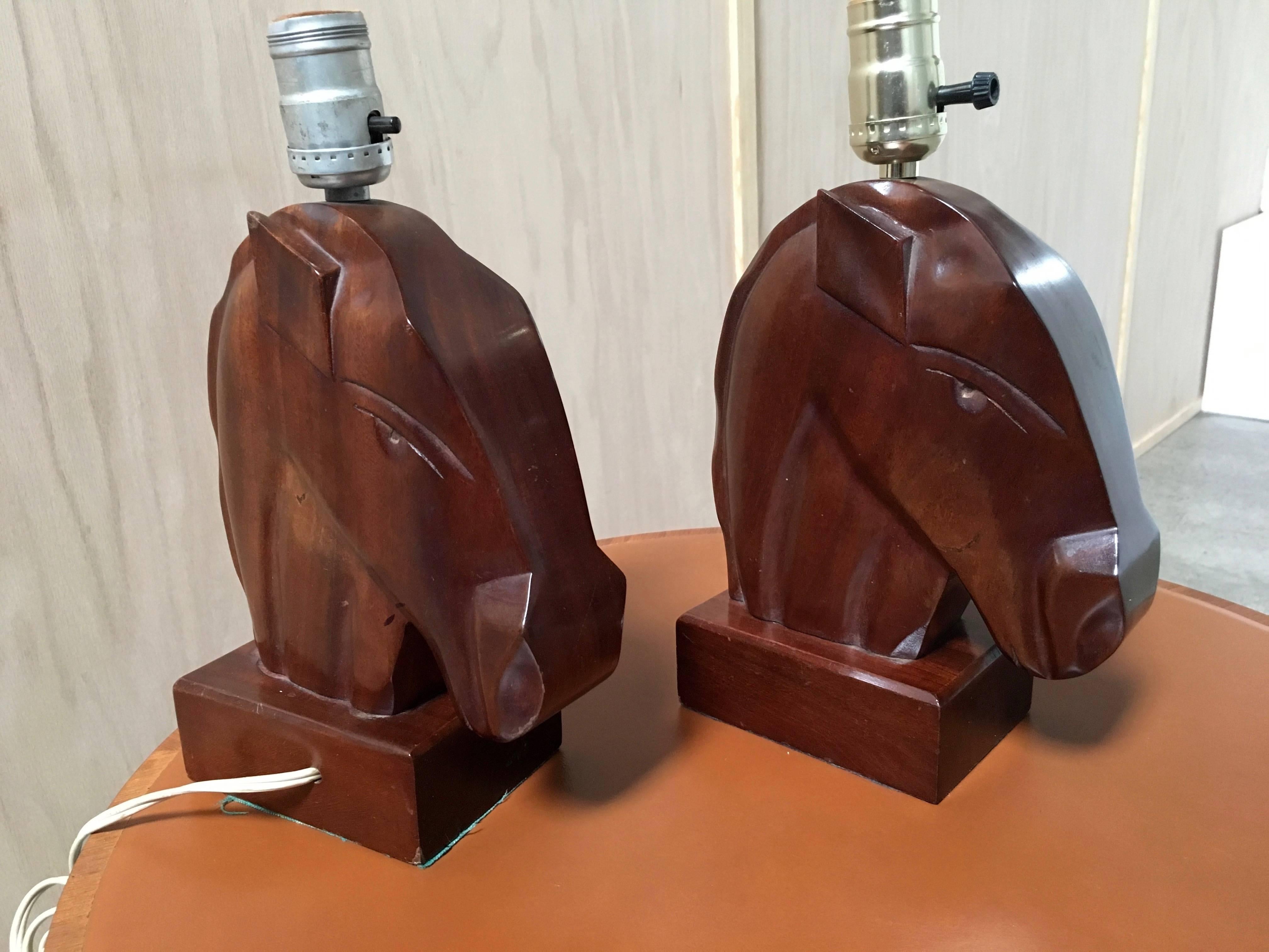 Pair of Solid Mahogany Modernist Lamps In Good Condition In Denton, TX