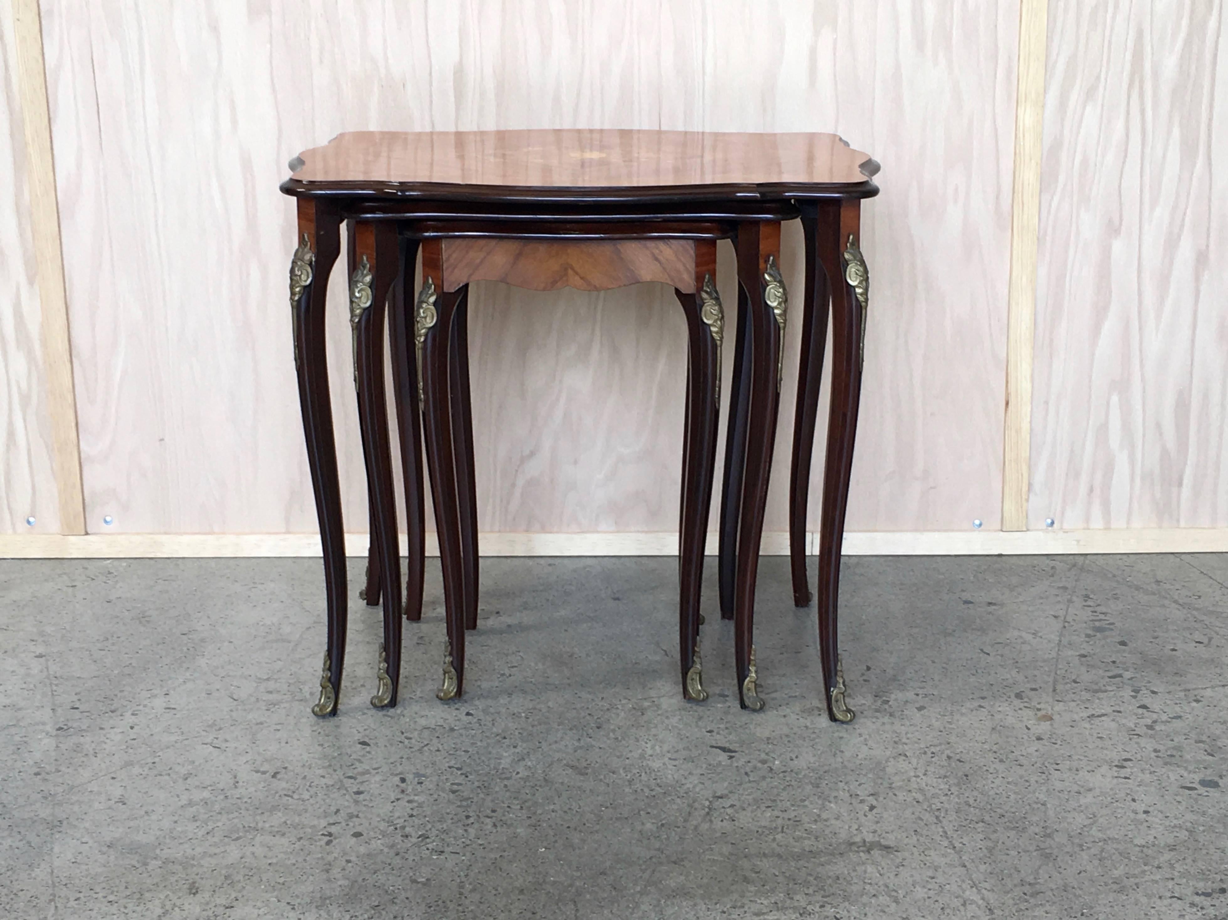 Swedish Nest of Three Tables with Floral Marquetry Design and Ormolu
