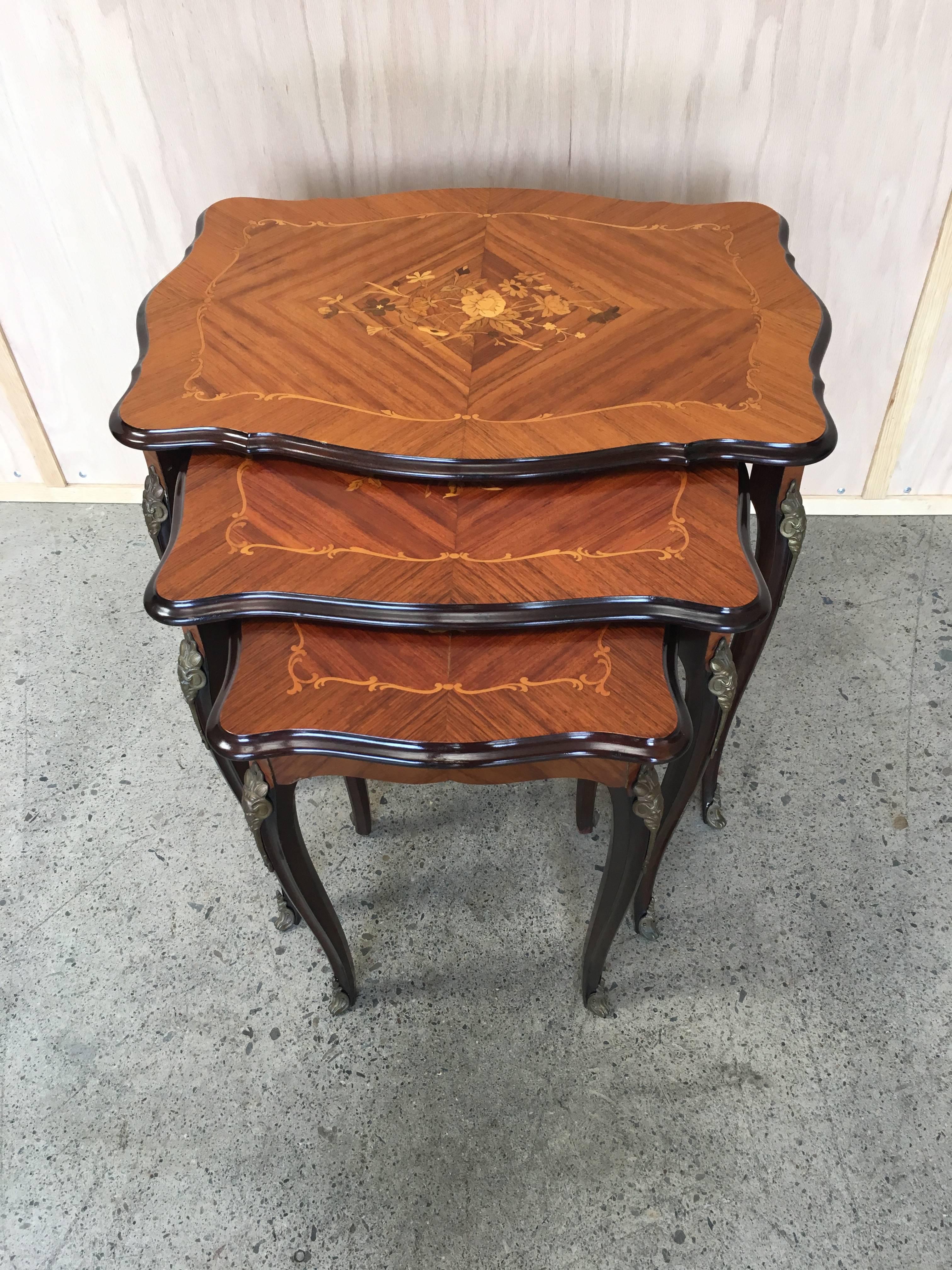 Brass Nest of Three Tables with Floral Marquetry Design and Ormolu