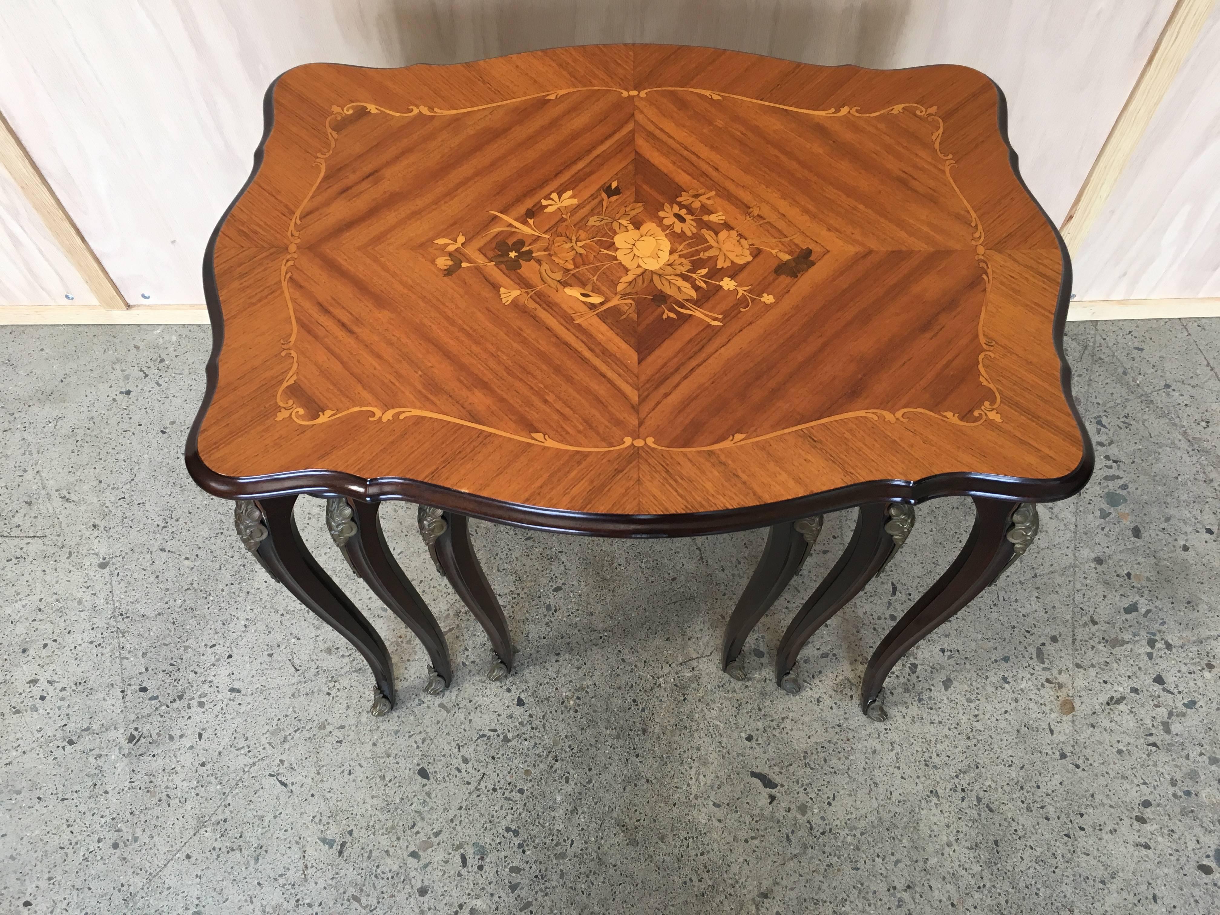 Nest of Three Tables with Floral Marquetry Design and Ormolu 1