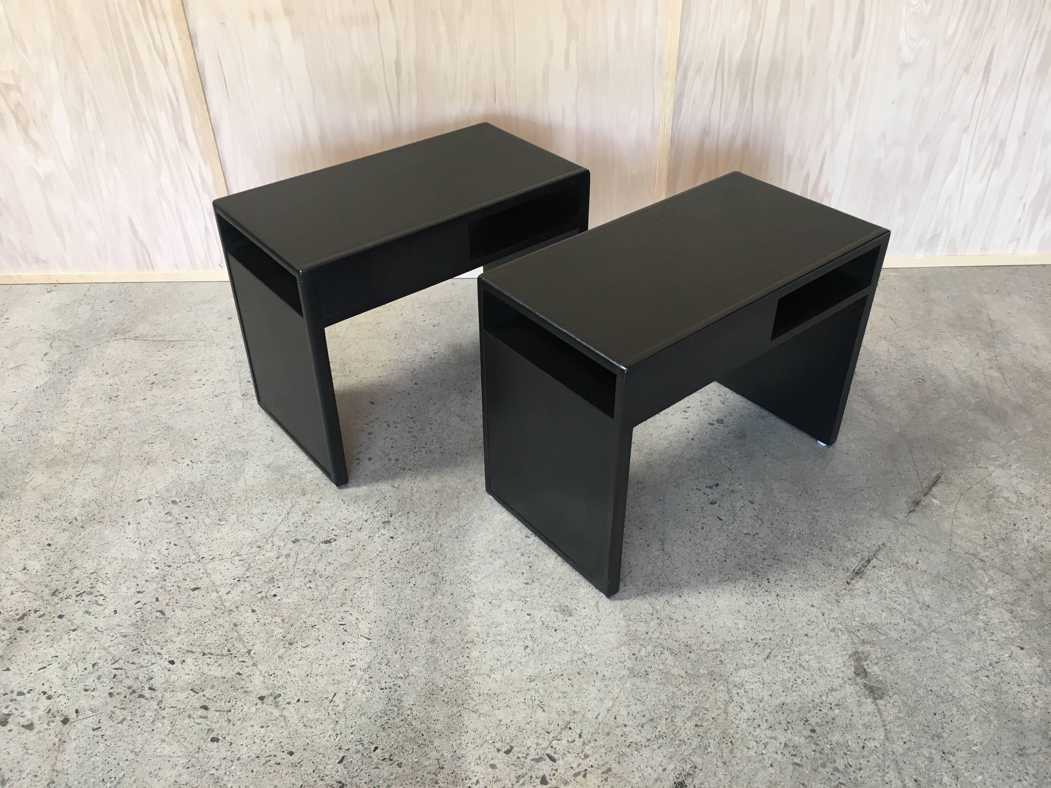 American Edward Wormley for Dunbar End Tables with Black Leather