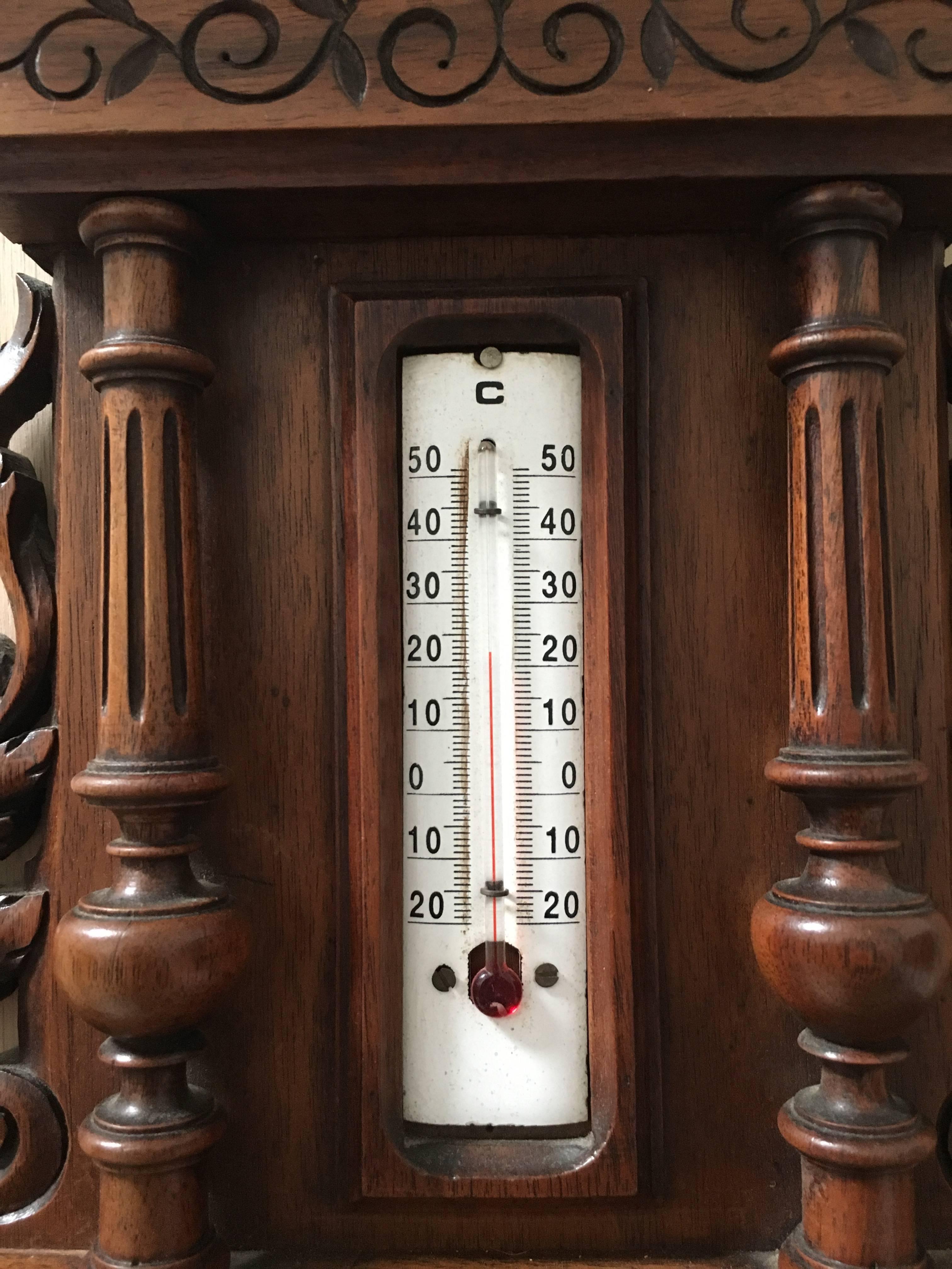 Enamel 19th Century Carved Walnut Barometer & Thermometer in Centigrade   MOVING SALE!!