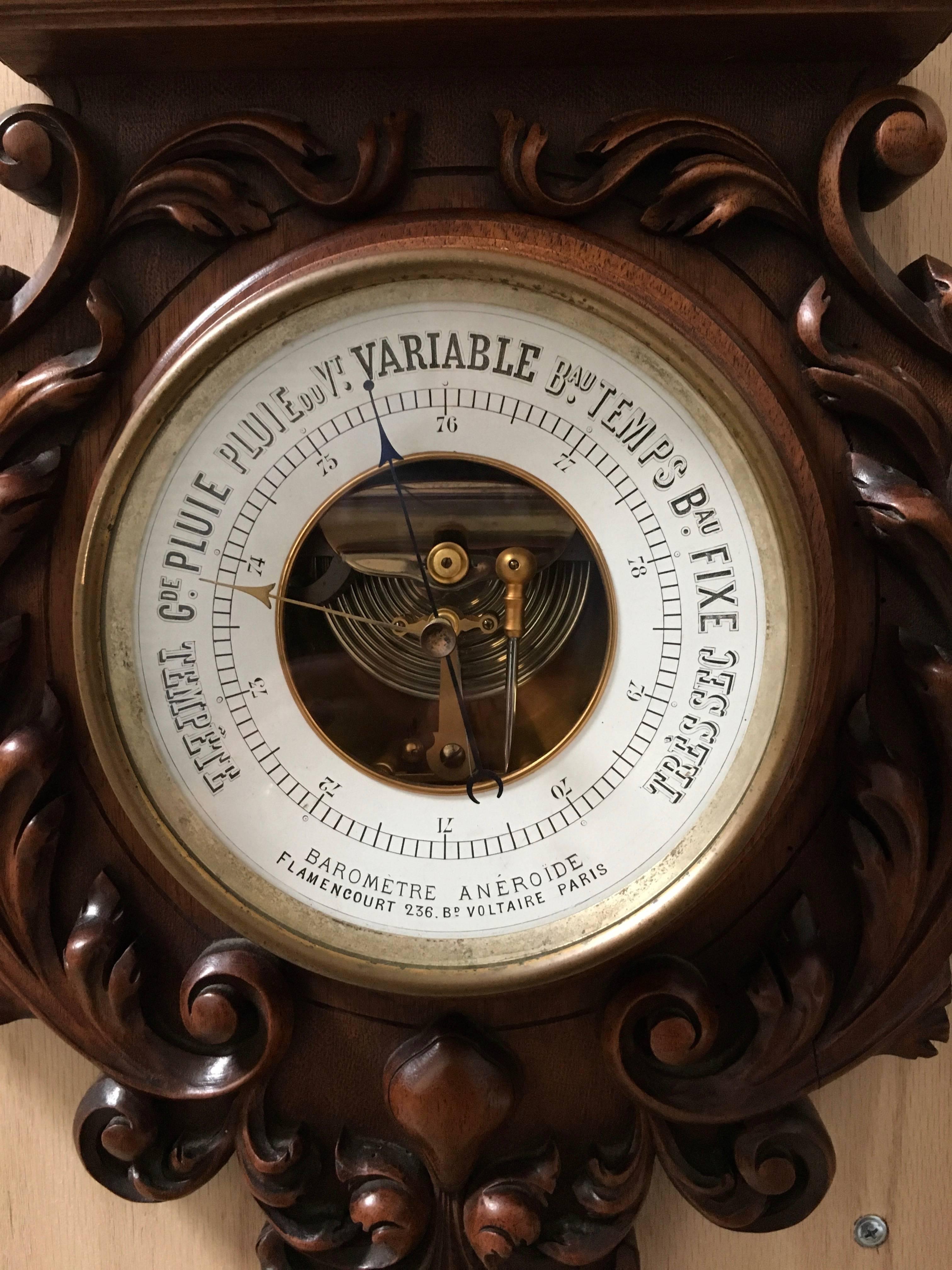 19th Century Carved Walnut Barometer & Thermometer in Centigrade   MOVING SALE!! In Good Condition In Denton, TX