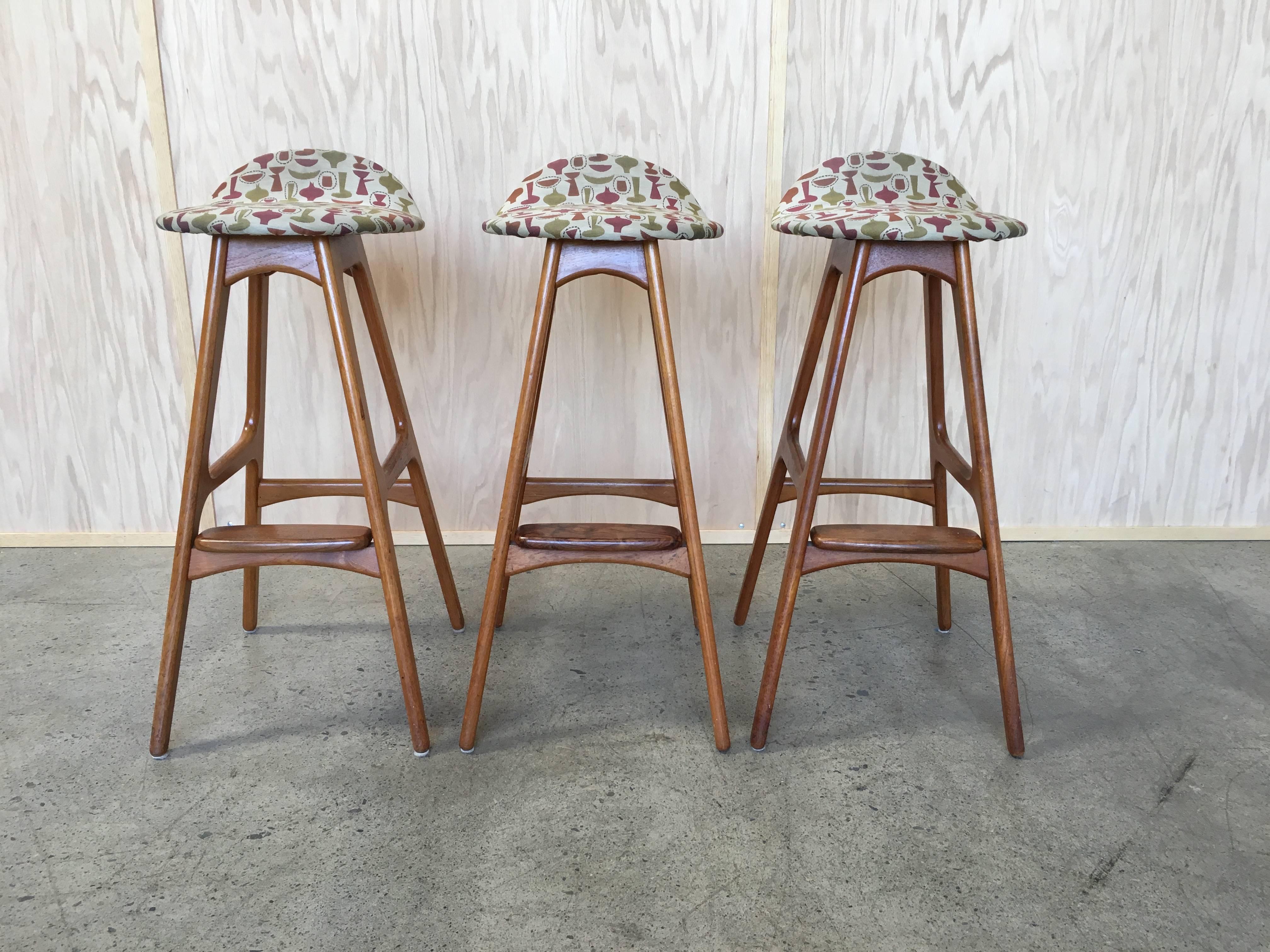 Danish Three Teak Bar Stools by Erik Buch Fabric by George Nelson Design Studio