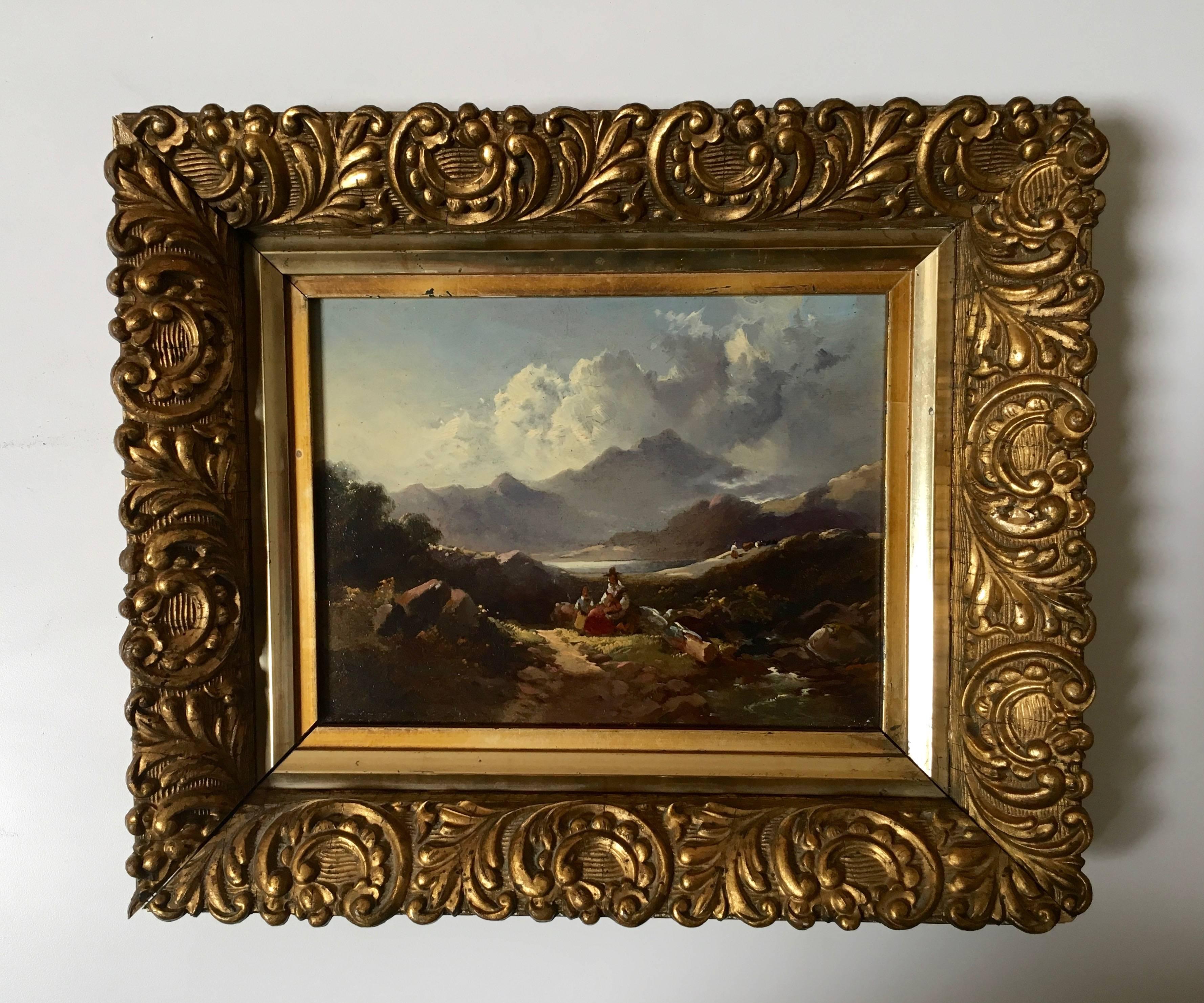  Ancienne peinture de montagne du 19ème siècle, huile sur carton, avec cadre doré.