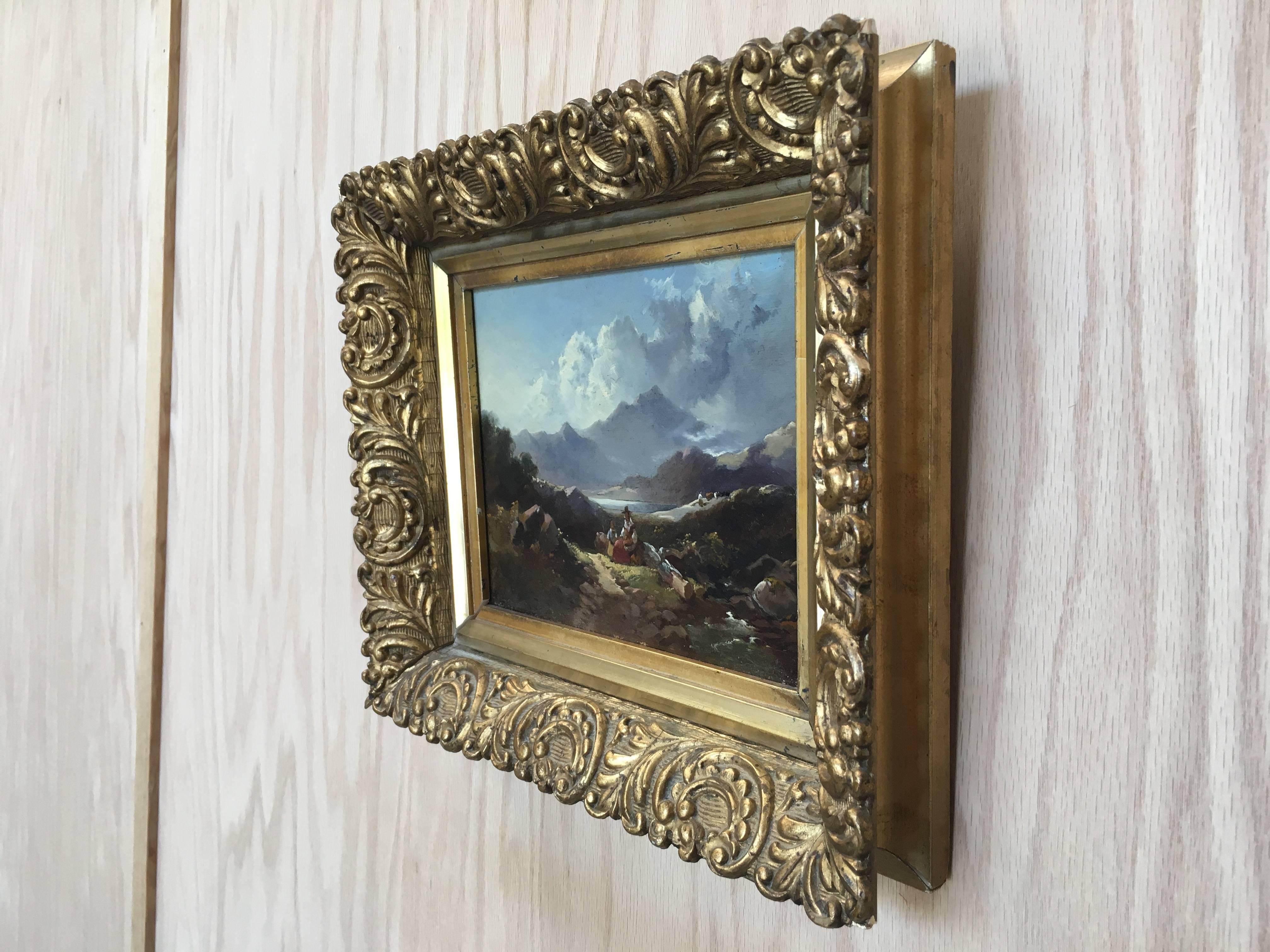19th Century Oil on Board Mountain Painting with Gilt Frame For Sale 1