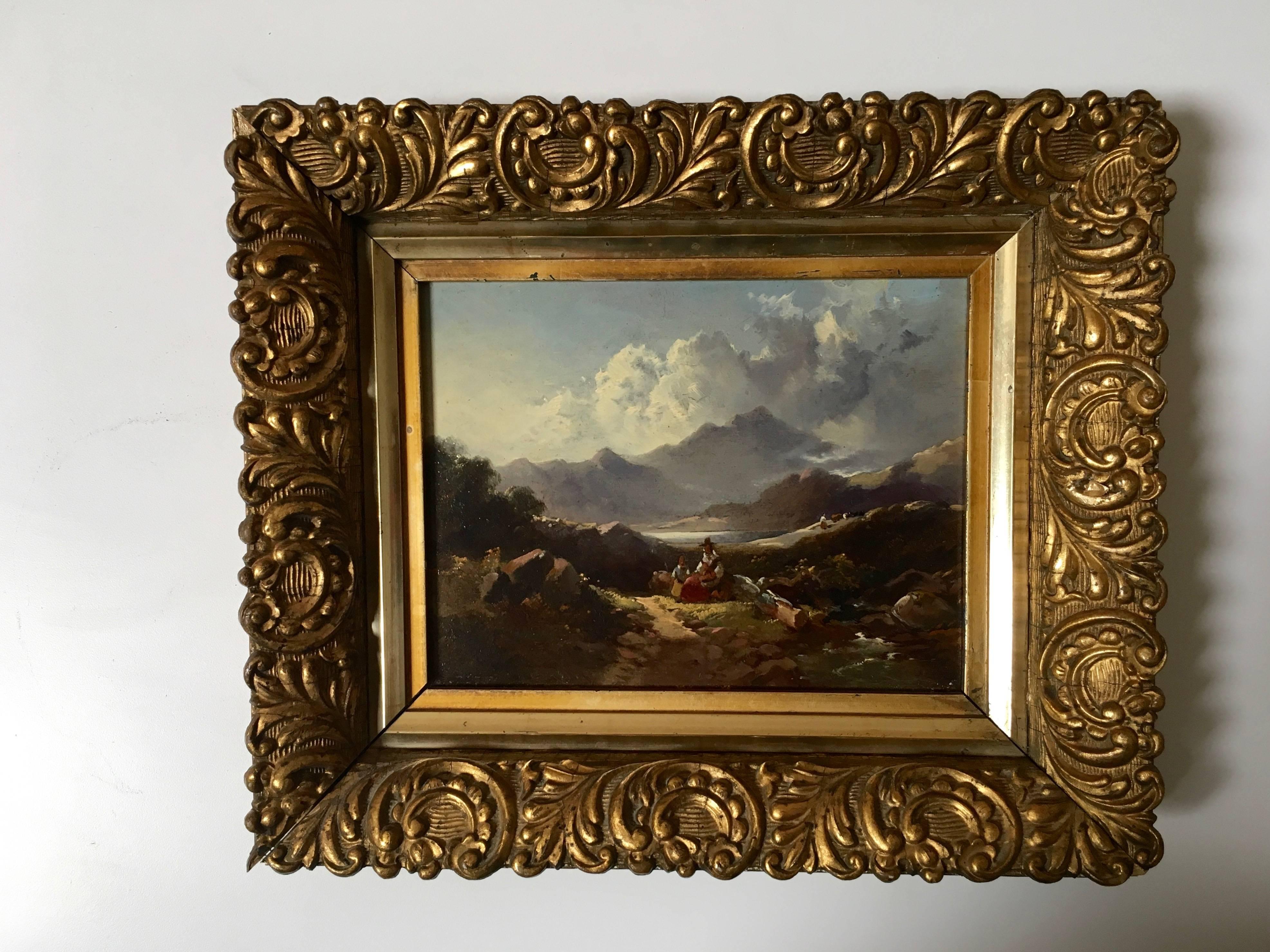 19th Century Oil on Board Mountain Painting with Gilt Frame For Sale 2