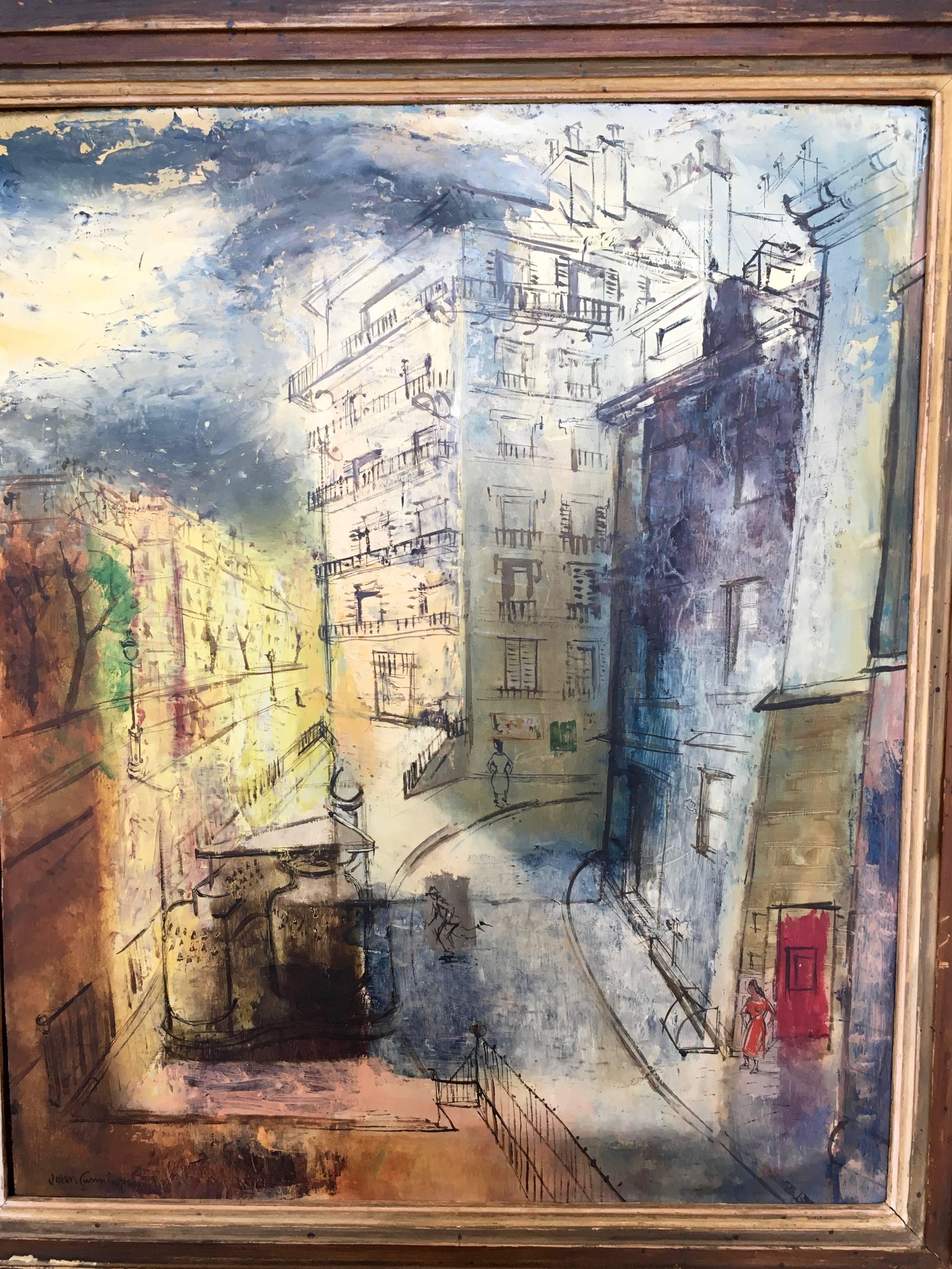 Mid-Century Modern Peinture moderniste d'une scène de rue parisienne en vente