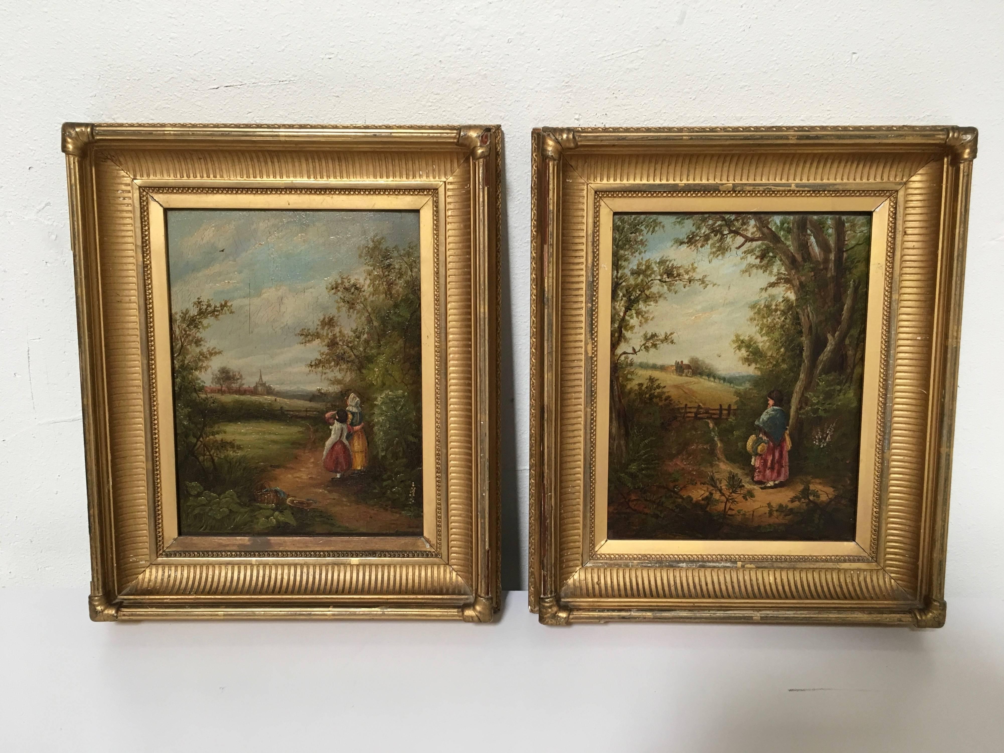 Antique Pair of 19th century, French paintings landscapes oil on board.