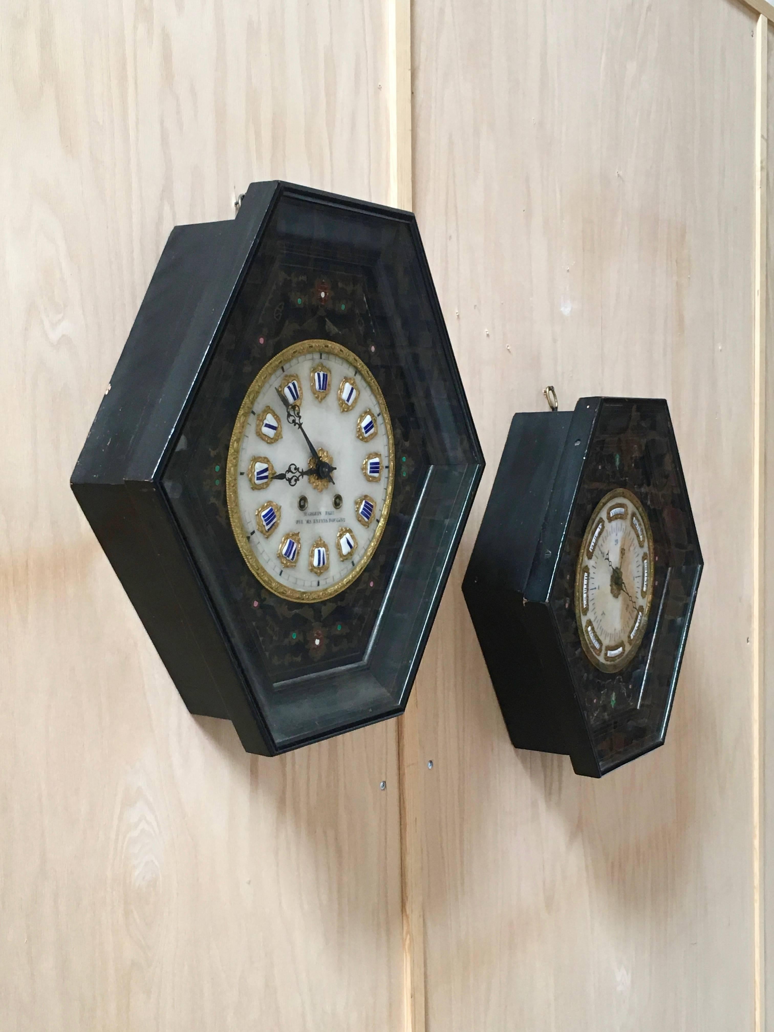 Antique Napoleon III clock and barometer set with Alabaster dials and porcelain and gilt metal cartouches The clock is a 8 day movement that strikes a gong at the hour and half hour The original retailer
Marguin at Rue Des Enfant Rouges 2 Paris.