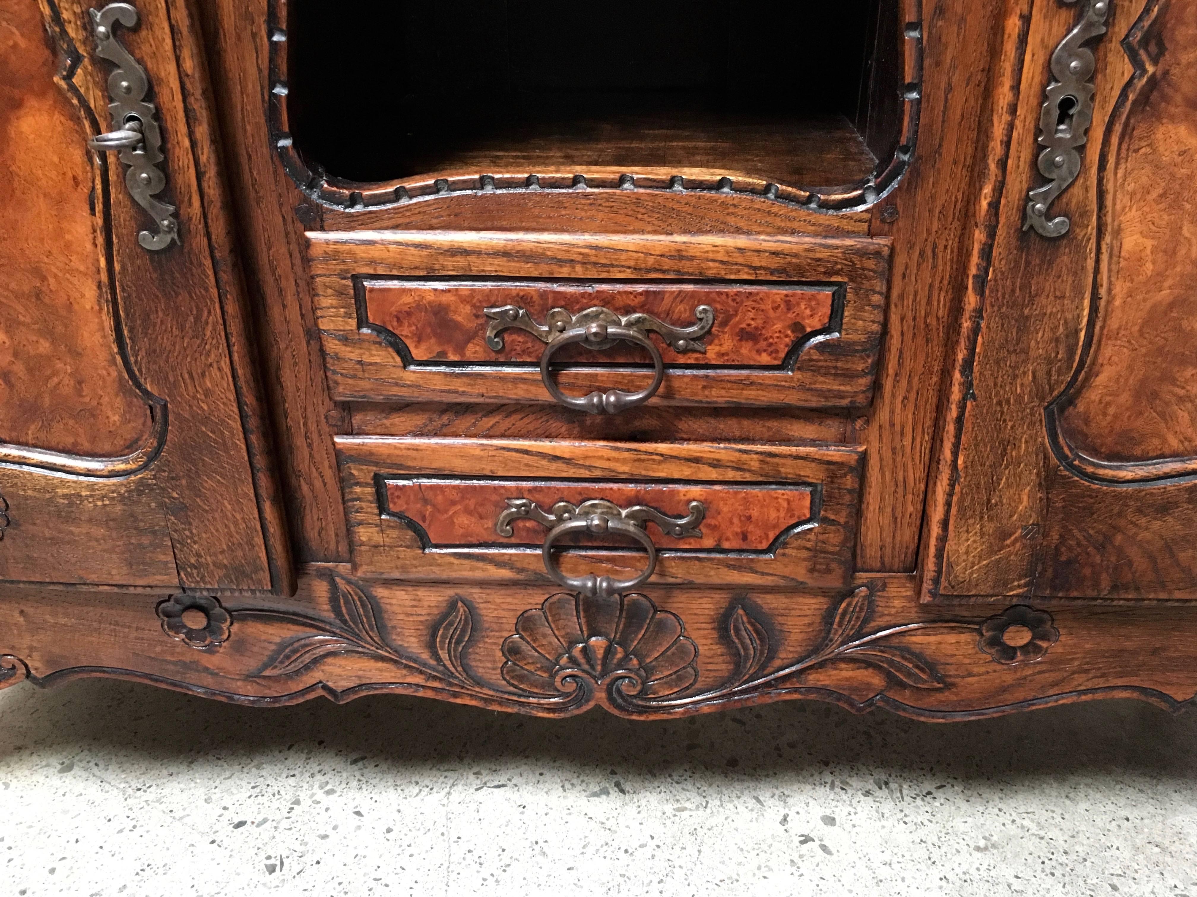 Hand-Carved 19th Century Rustic Buffet with Burl Wood Panels