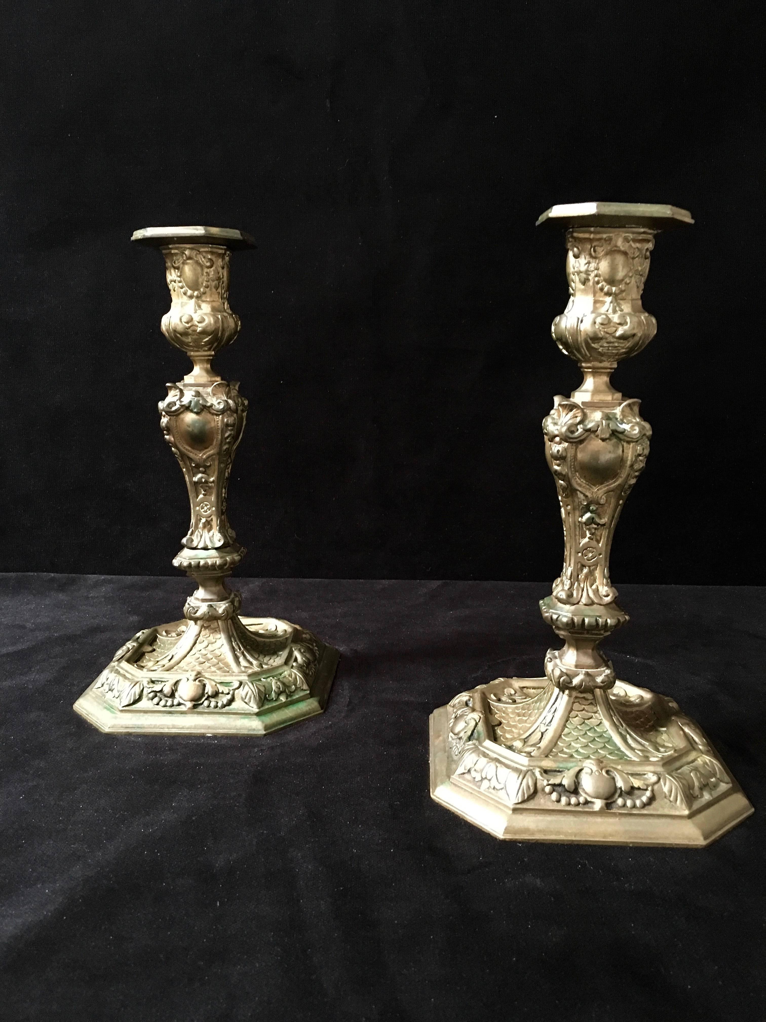 19th Century Rococo Style Brass Candle Sticks For Sale 1