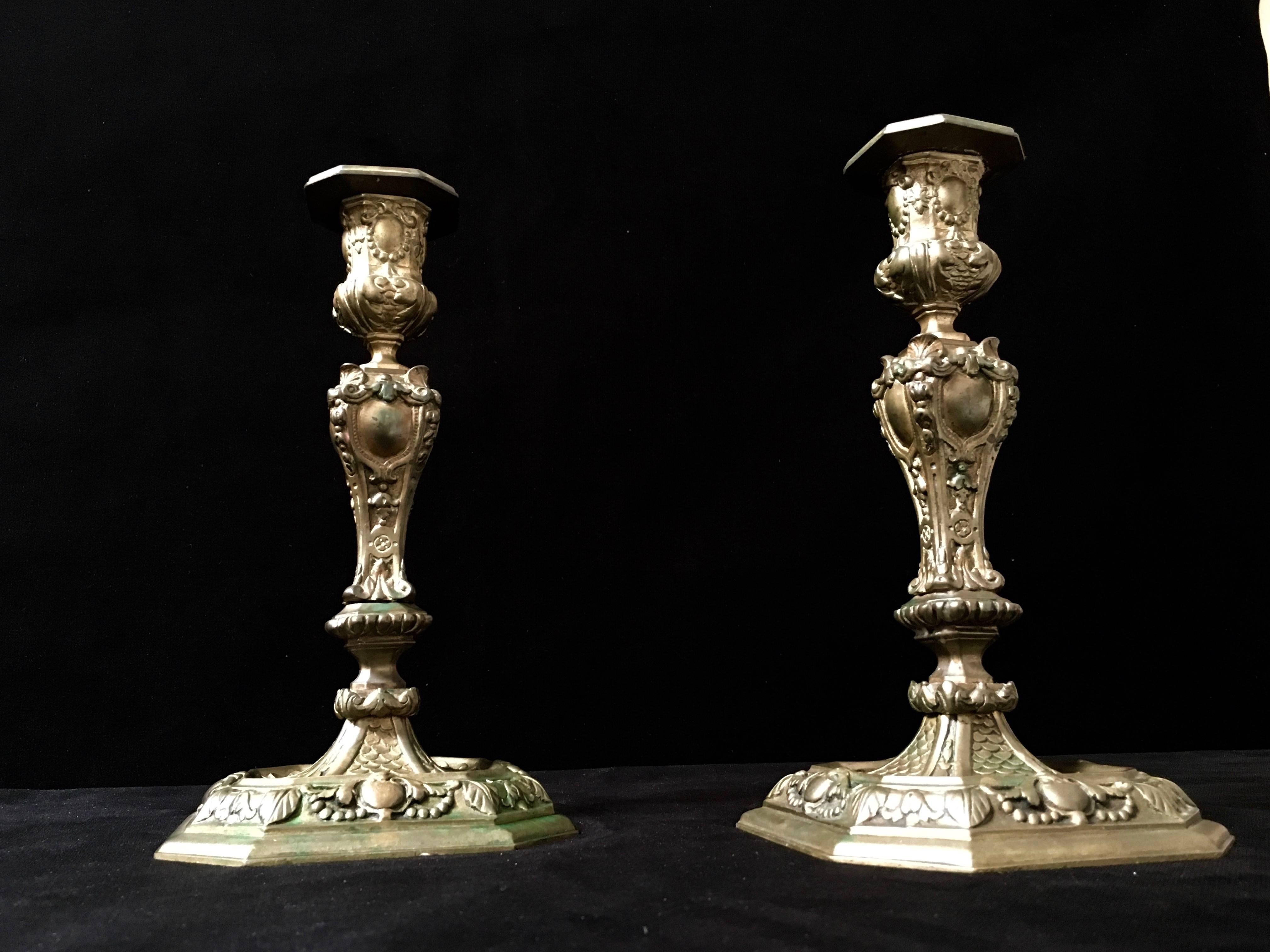 19th Century Rococo Style Brass Candle Sticks For Sale 2