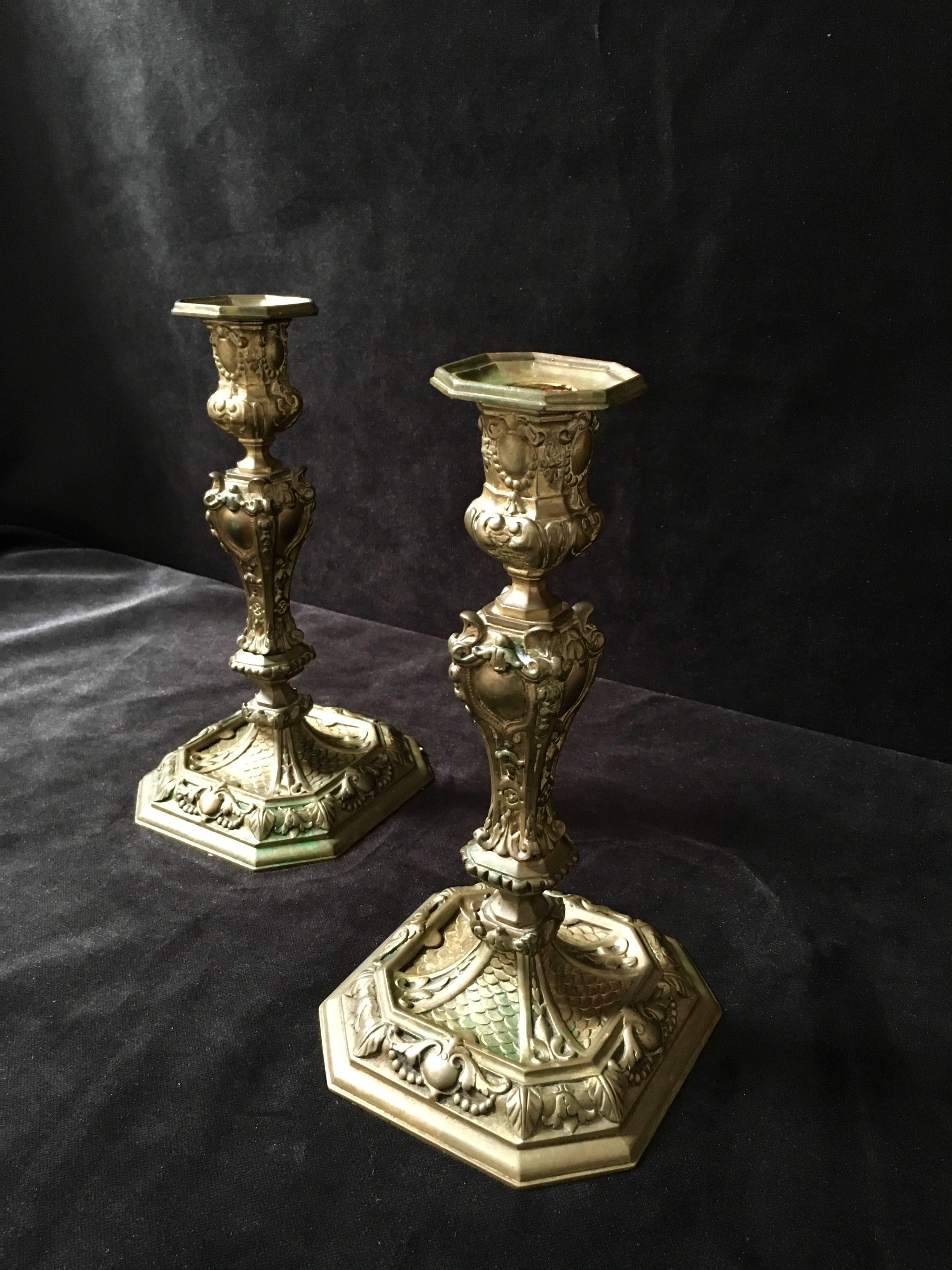 19th Century Rococo Style Brass Candle Sticks For Sale 3