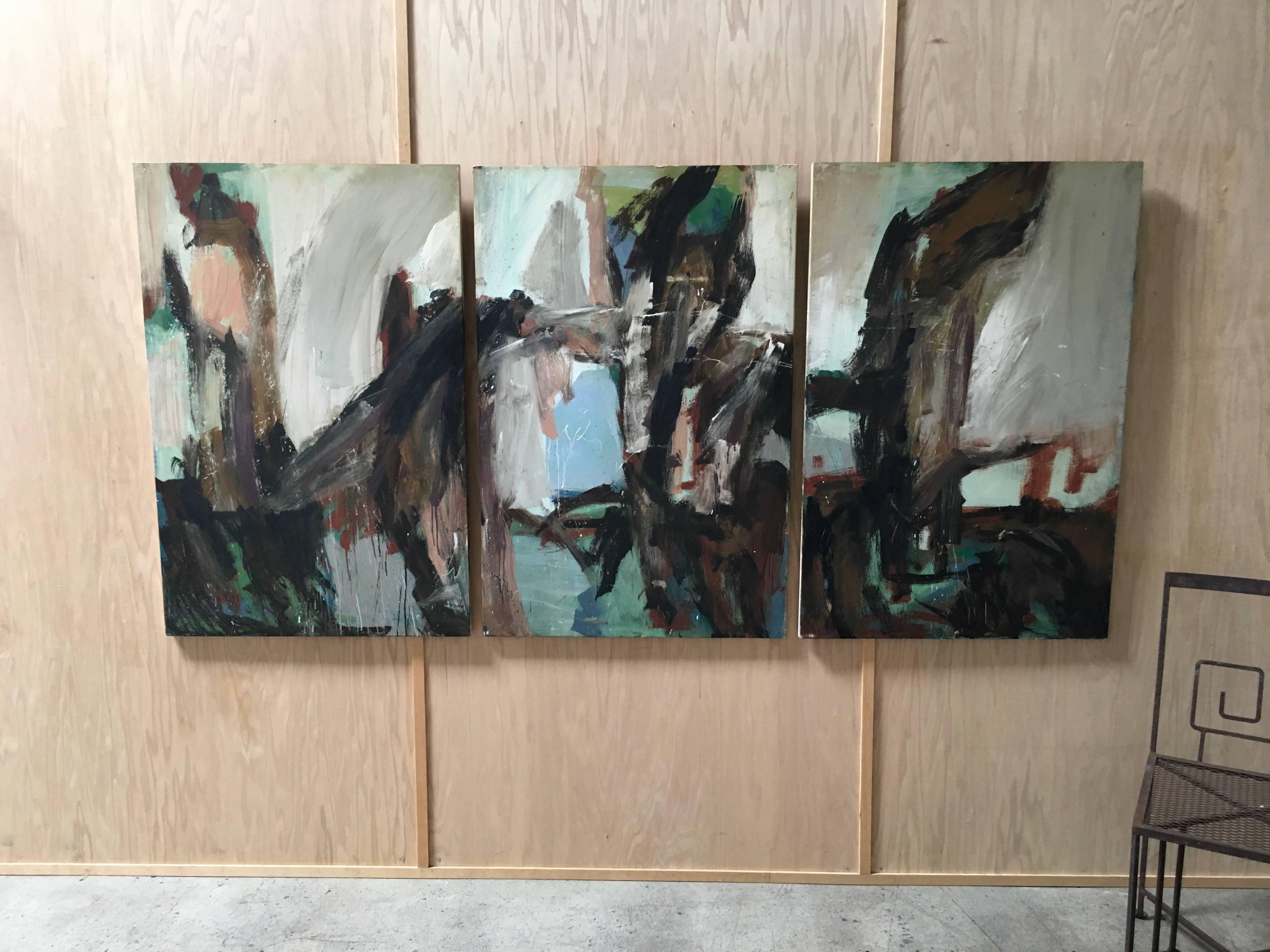 Wood Large Mid-20th Century Abstract Painting Tryptic on Board