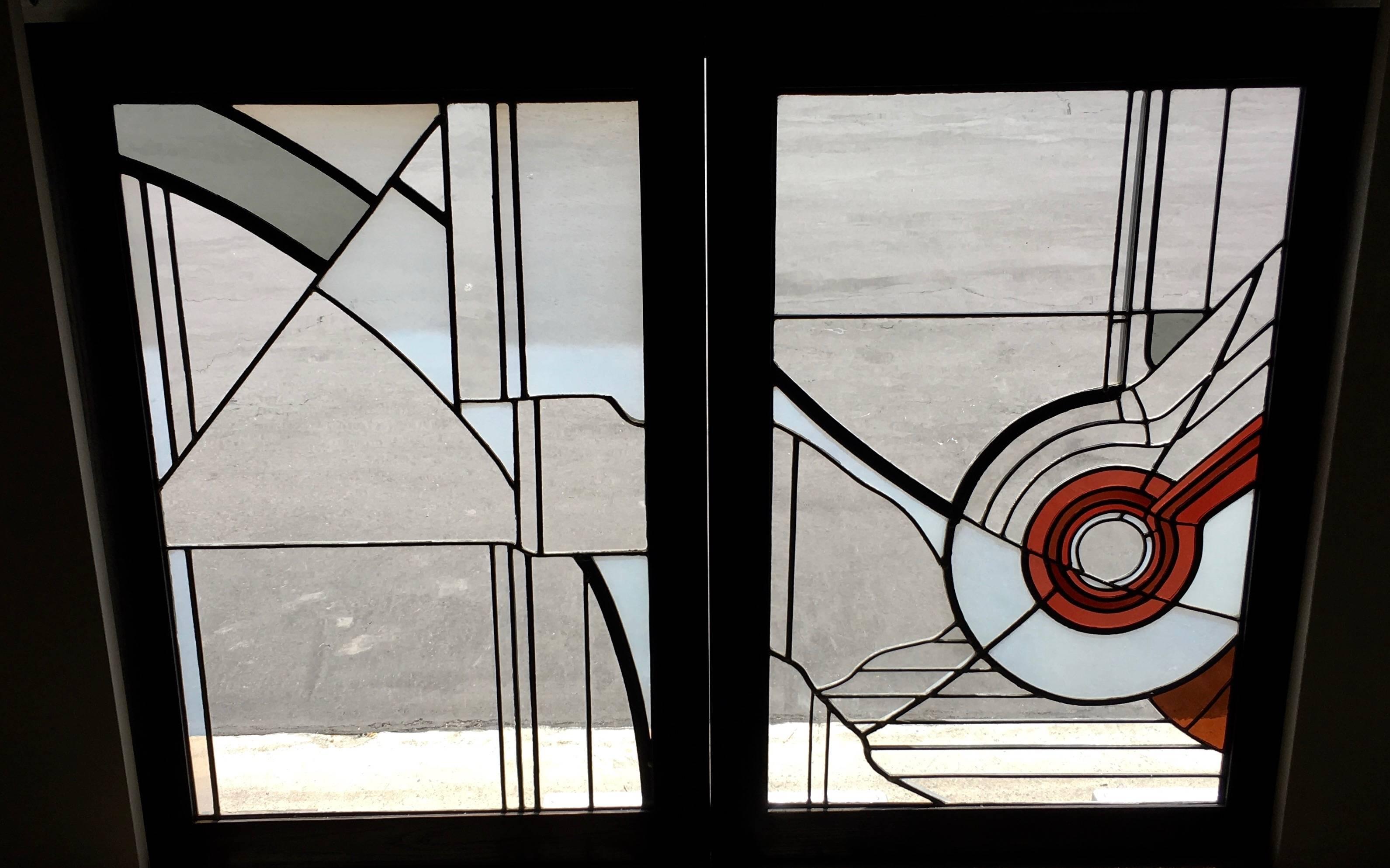 Modern Pair of Abstract Leaded Glass Windows