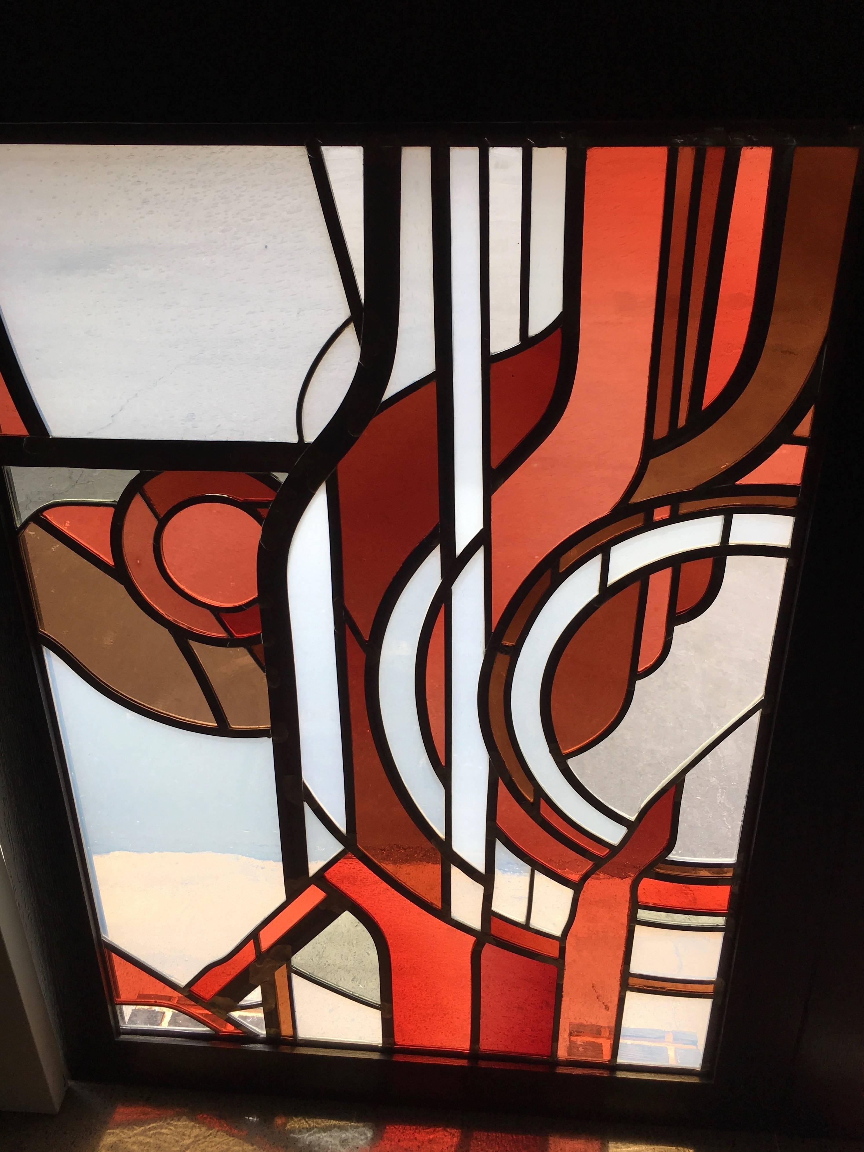Mid-Century Modern Pair of Abstract Leaded Glass Windows