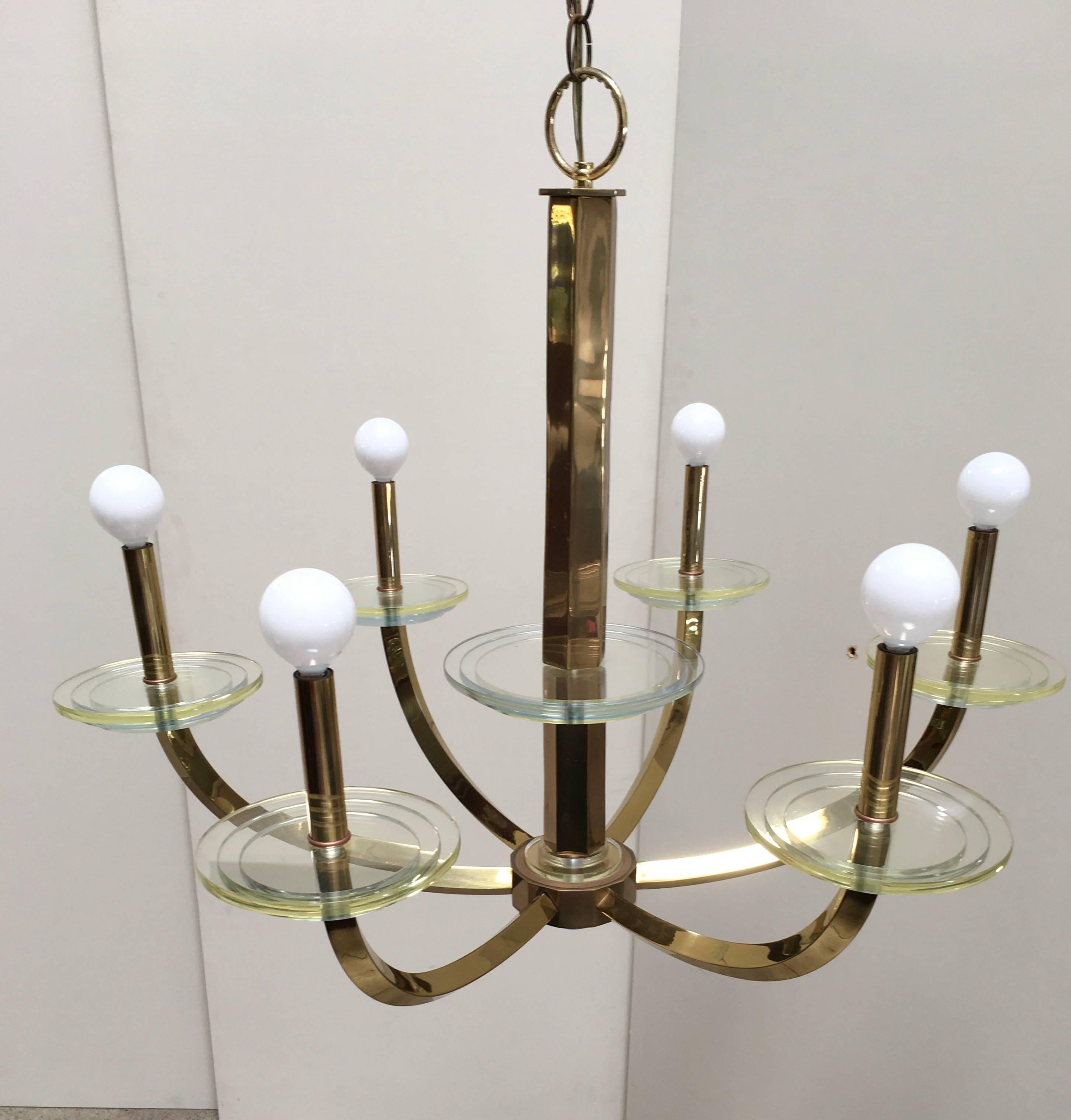 Parzinger style chandelier with original warm Patina on the brass.