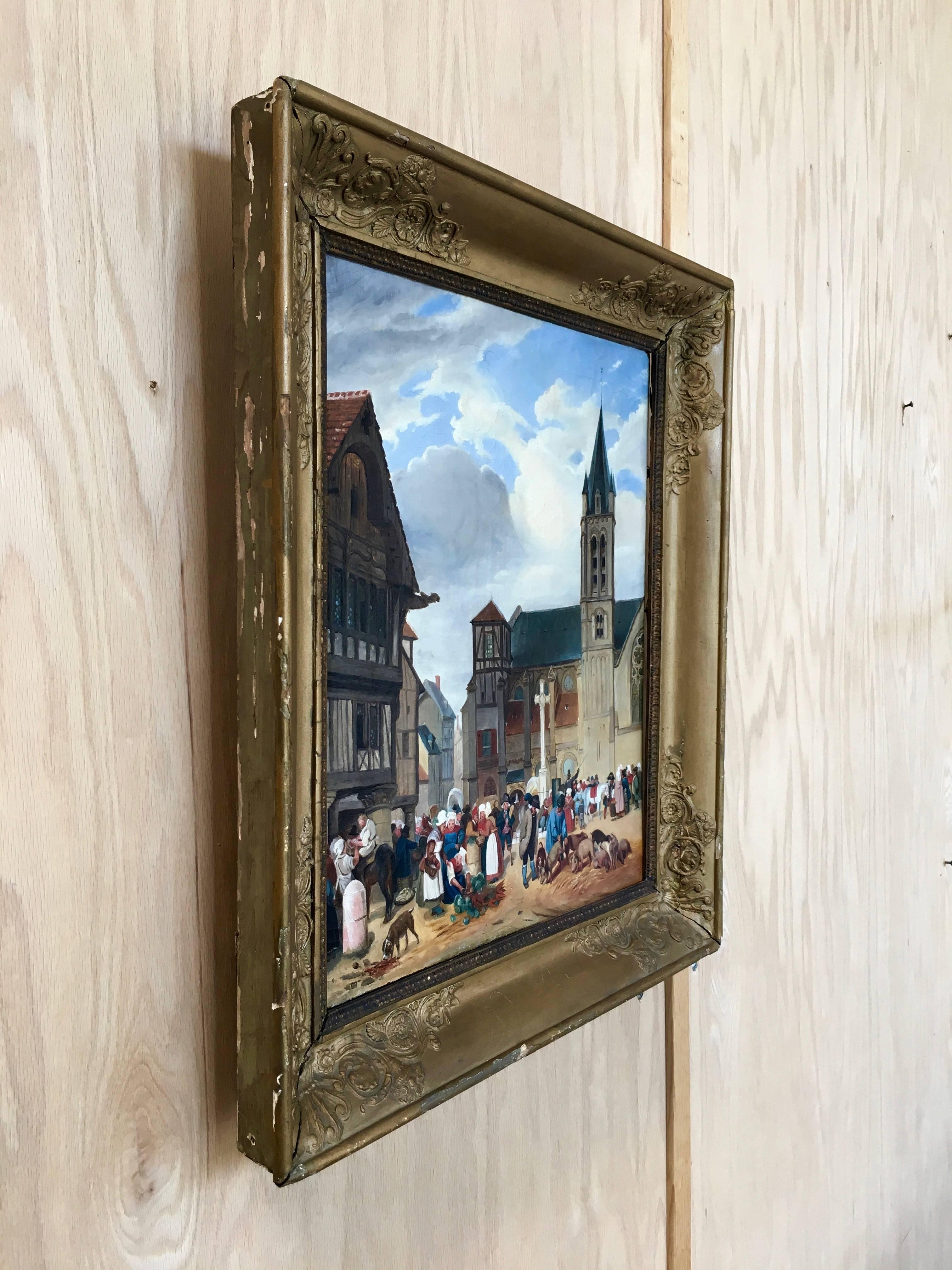 Gesso 19th Century Market Scene Painting