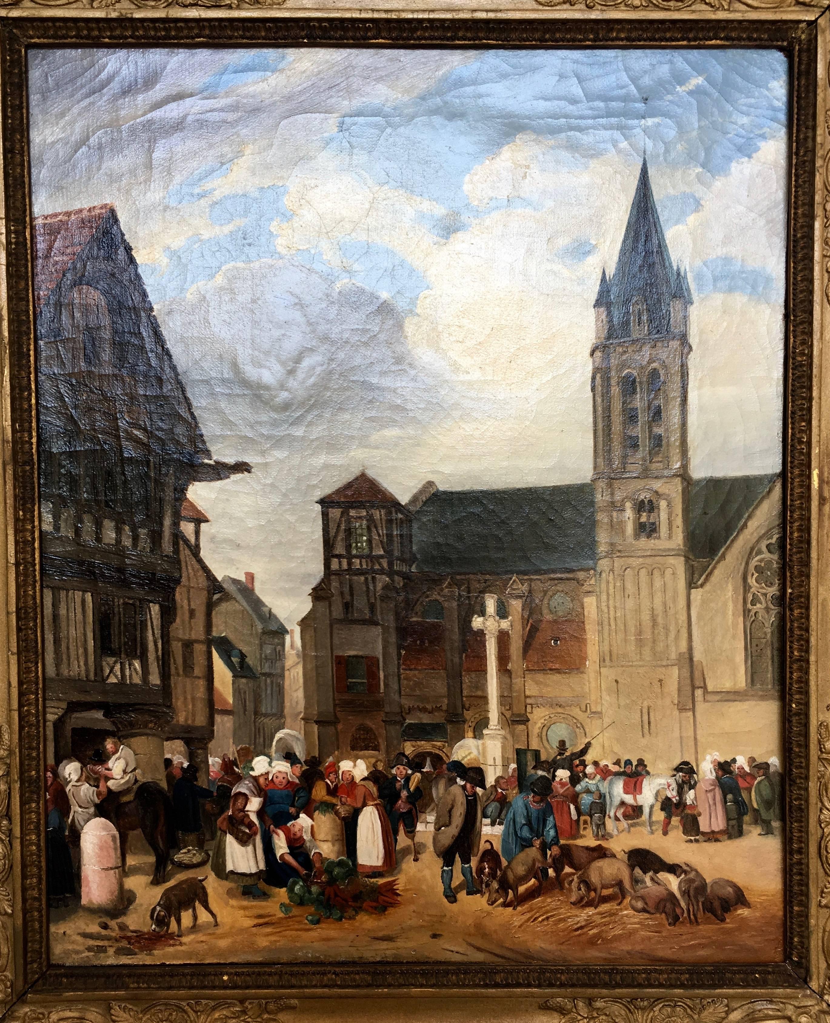 Provincial oil on canvas depicting the French market scene of trading commodities in the town centre, circa 1850.
 