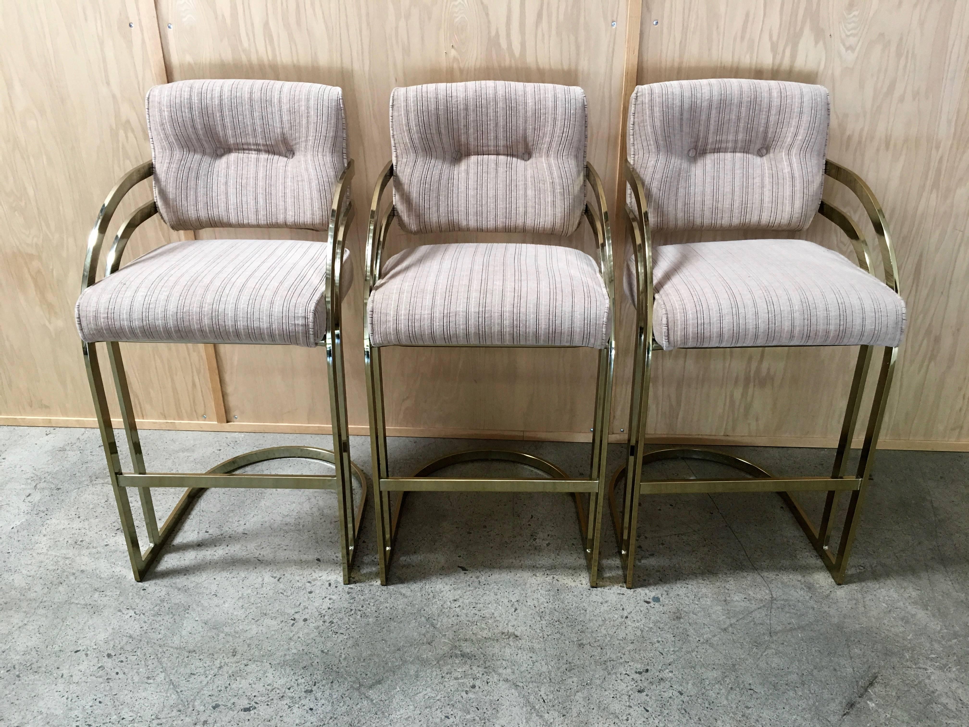 American Set of Three Brass Cantilever Bar Stools