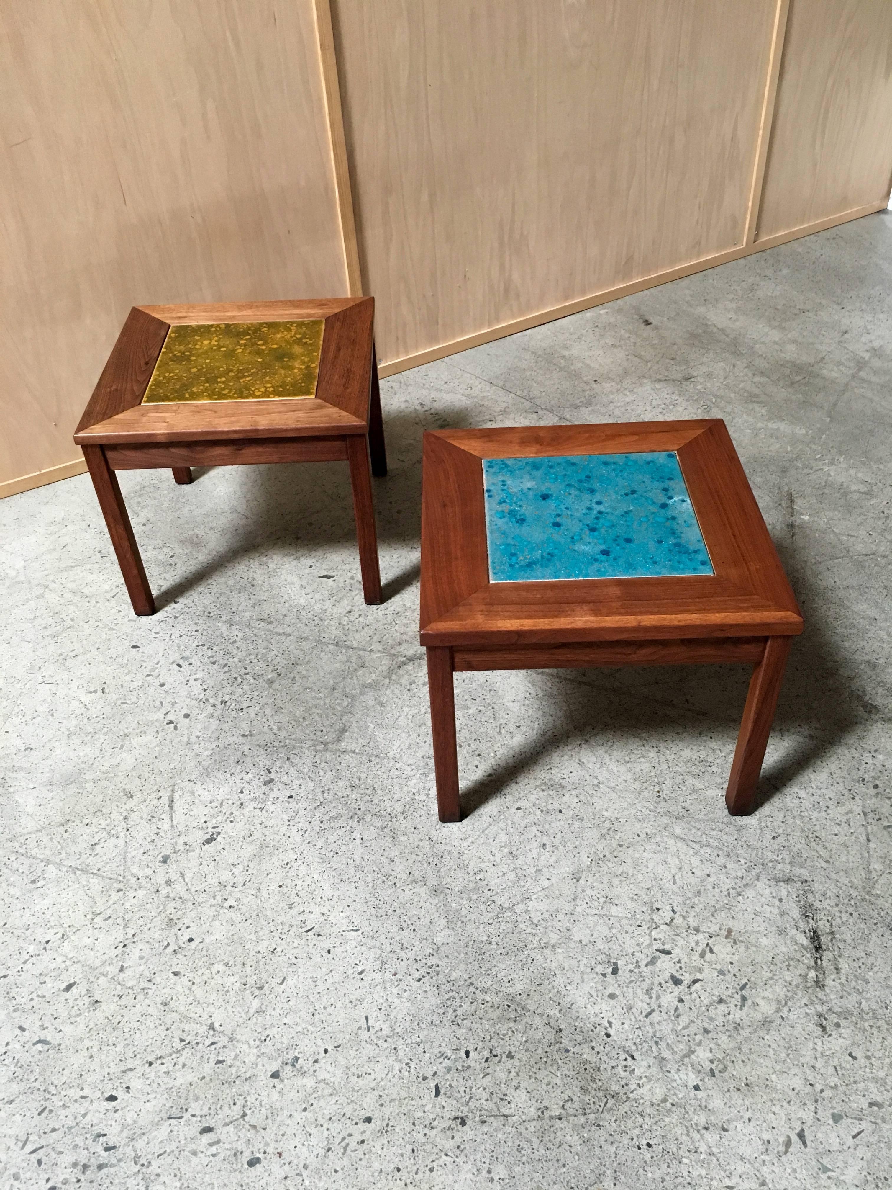 Set of walnut with enamel copper tile tables titled ‘Constellation’.