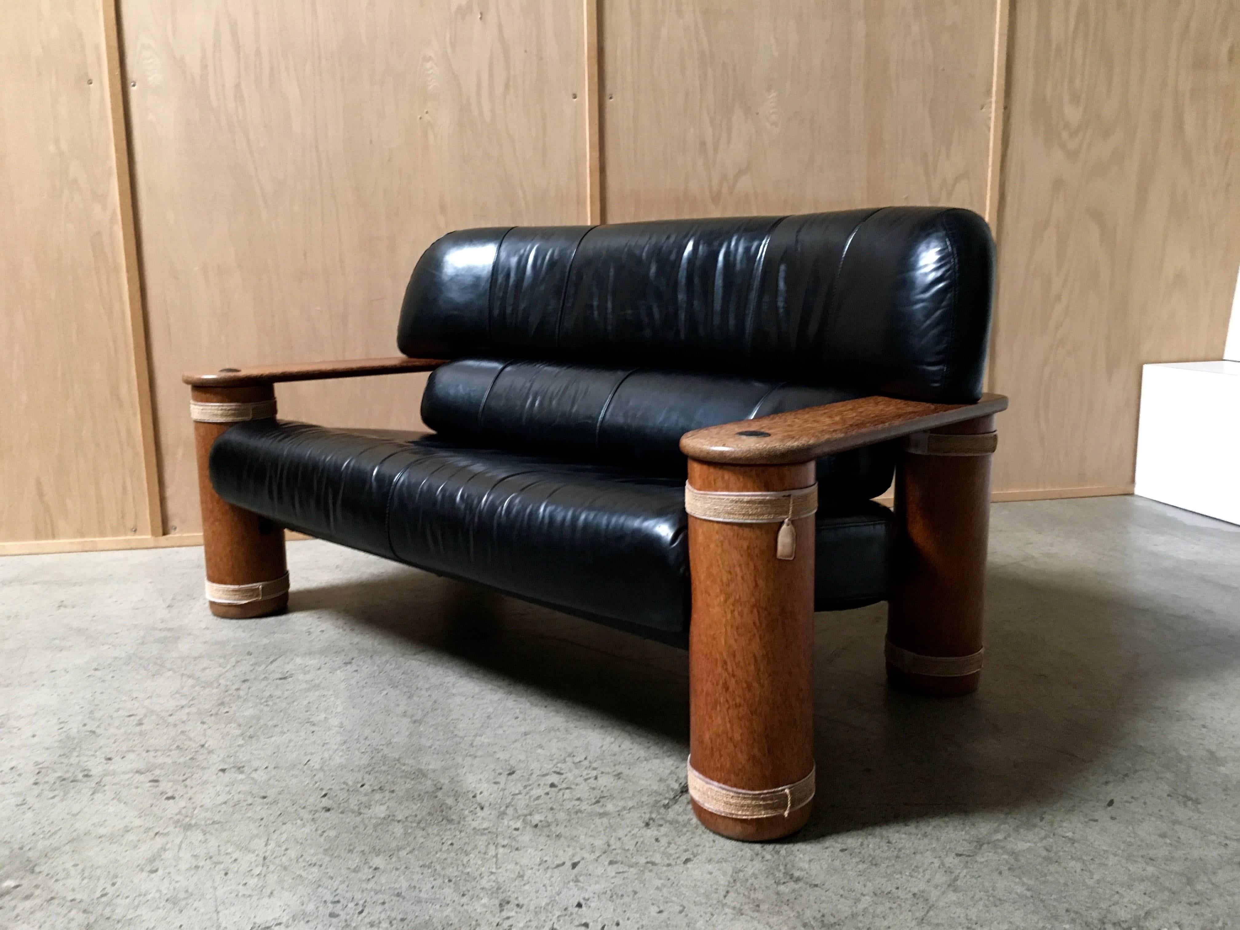 Modern 20th Century Leather and Palmwood Settee