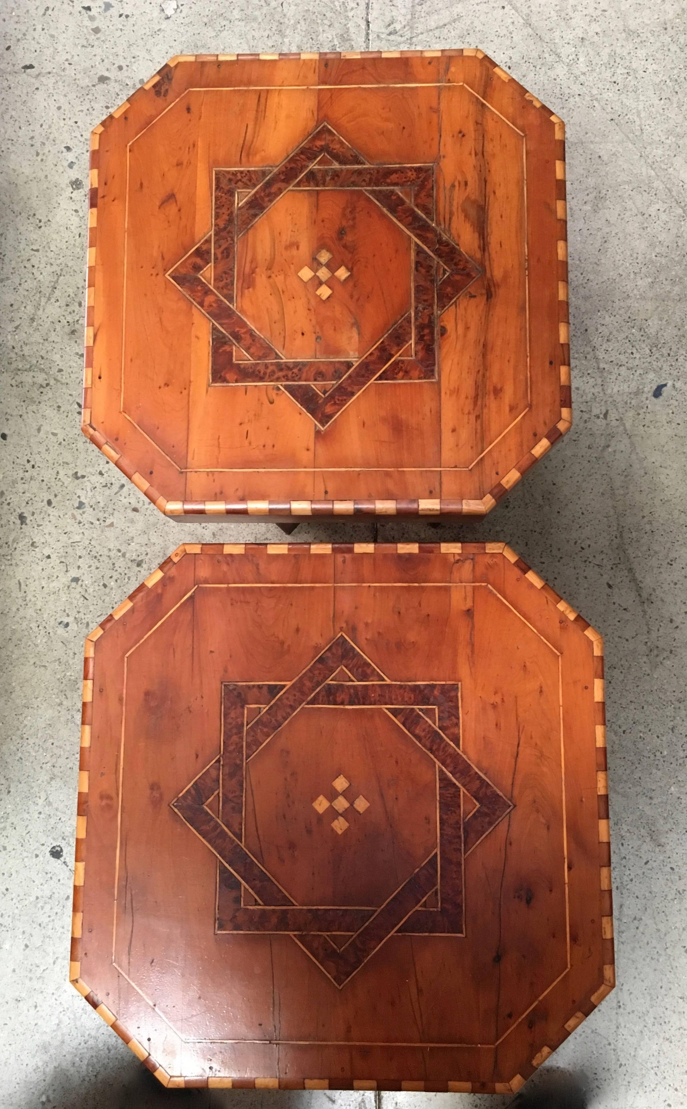 Pair of Rustic Modernist Side Tables with Geometric Inlaid Top 1