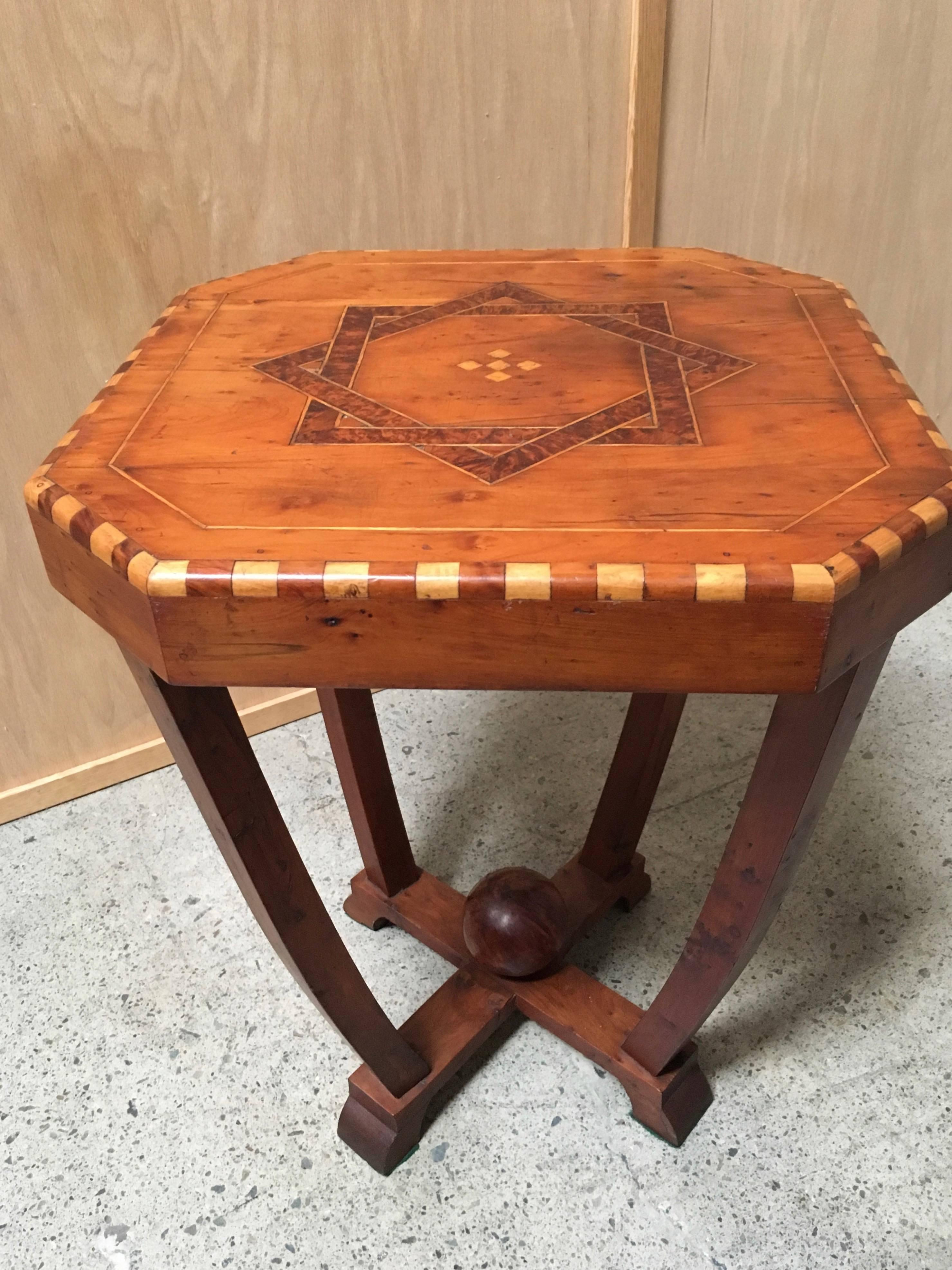 Wood Pair of Rustic Modernist Side Tables with Geometric Inlaid Top