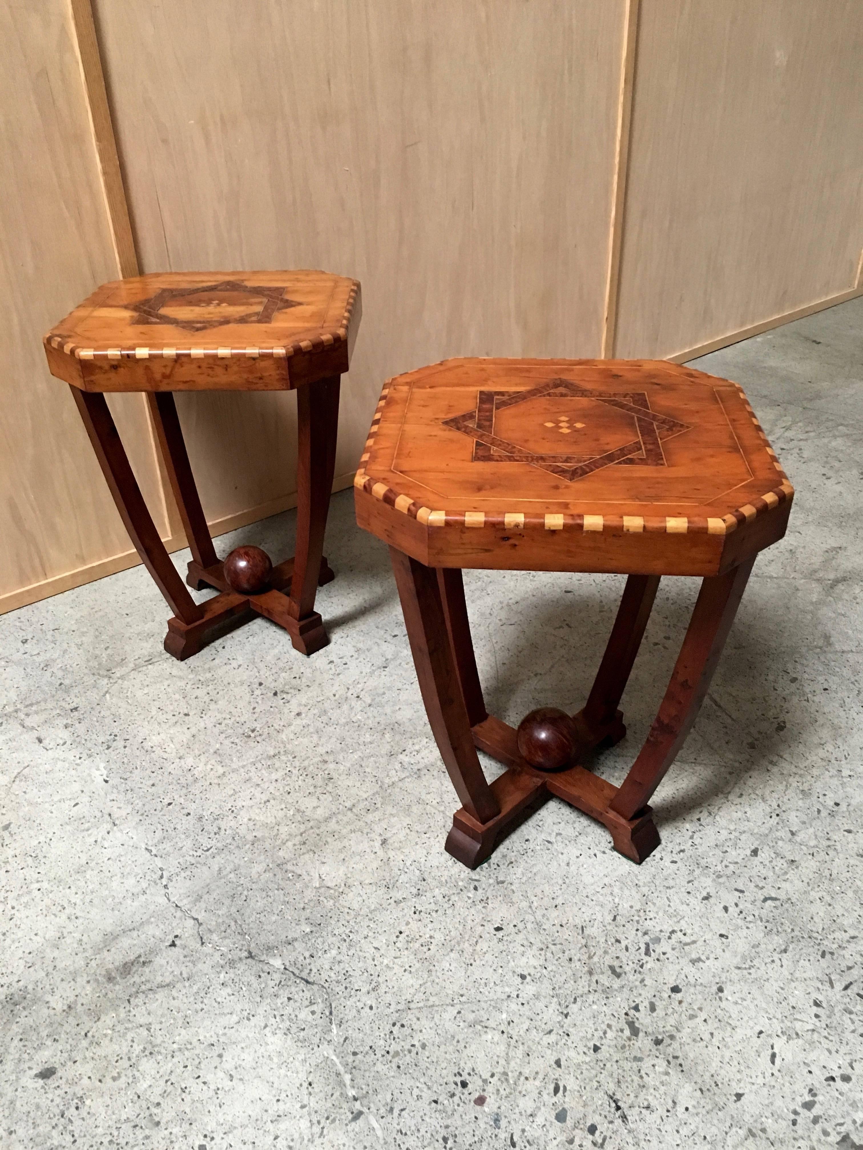 Pair of Art Deco side tables with a combination of woods wild cherry, burl wood, apple.