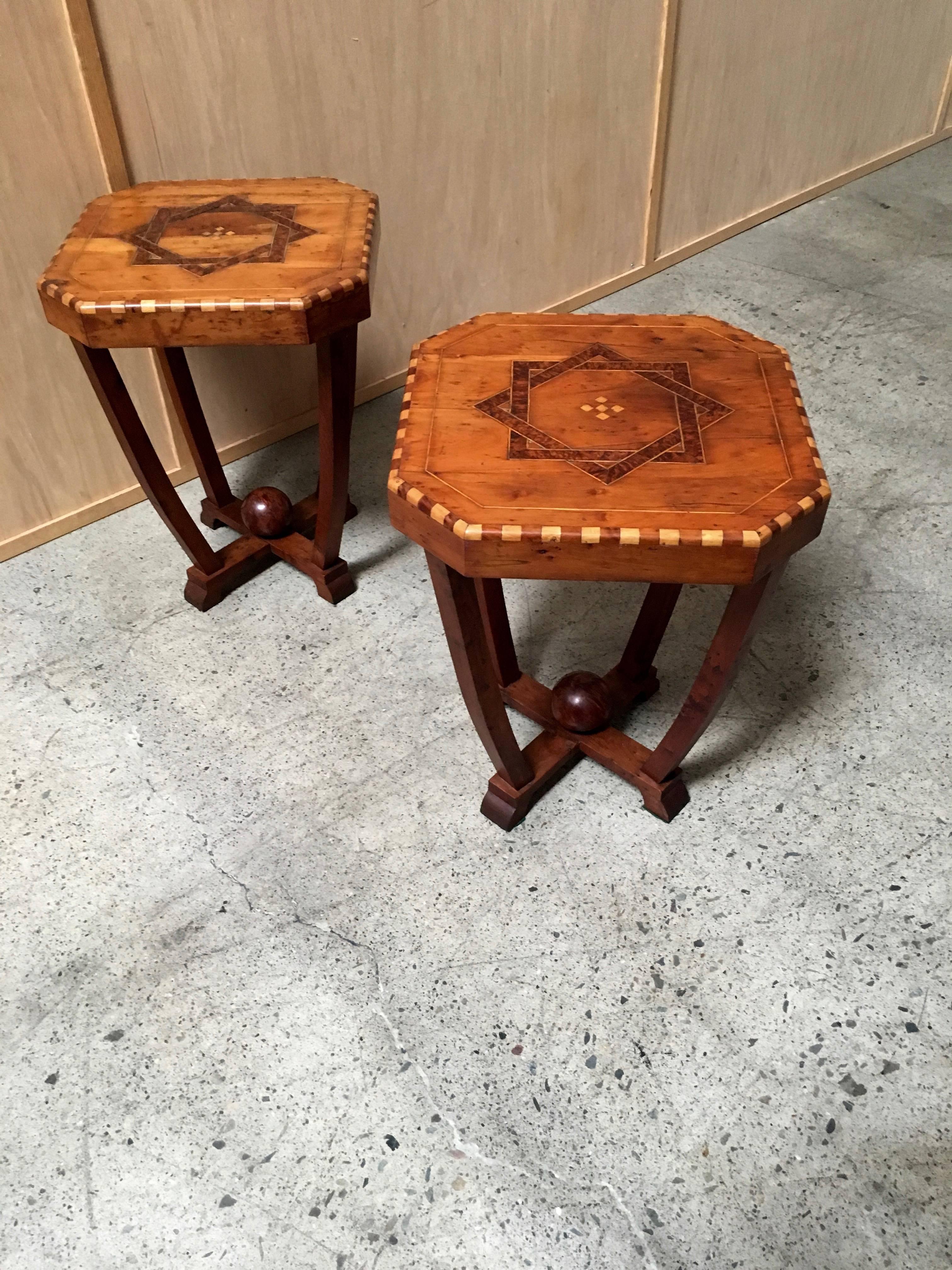 North American Pair of Rustic Modernist Side Tables with Geometric Inlaid Top