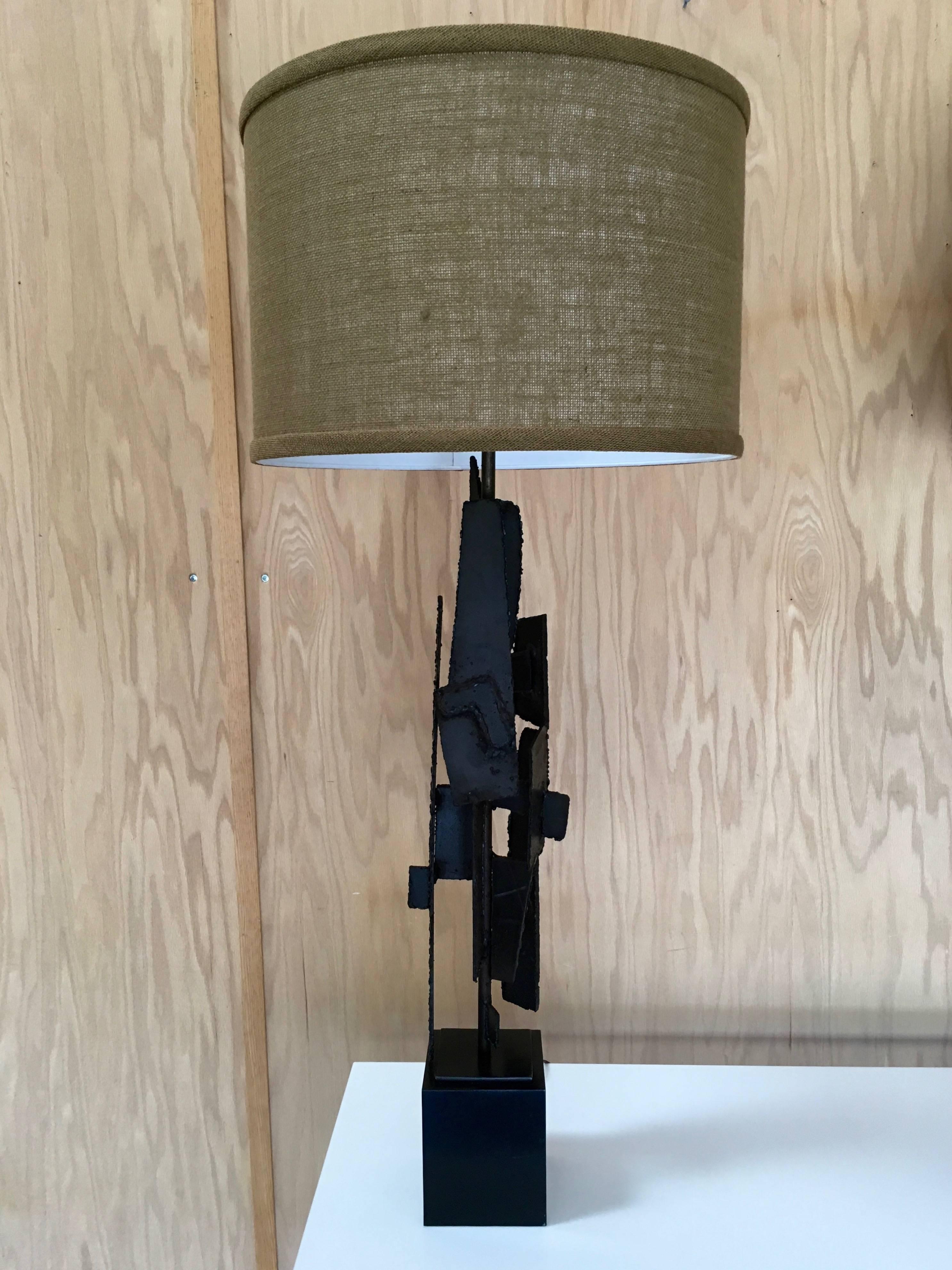 Pair of sculptural brutalist torch cut lamps by Richard Barr for Laurel Lamp Company.