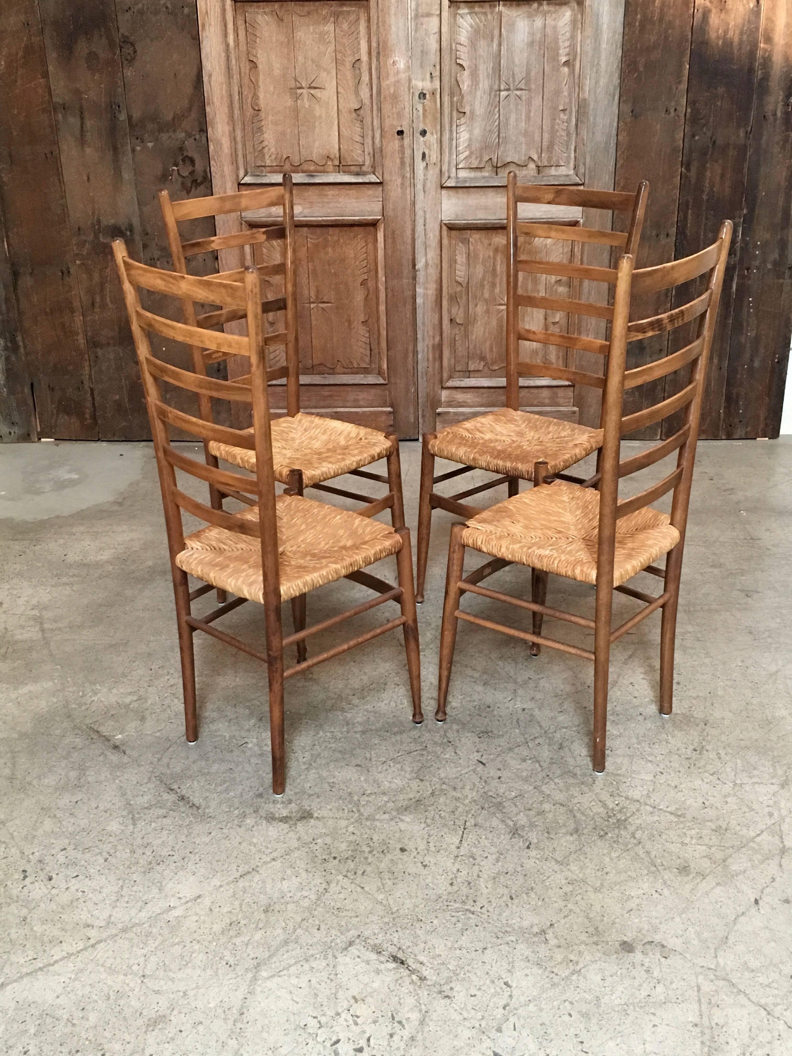 Hand-Knotted Set of Four Italian Ladder Back Chairs in the Style of Gio Ponti