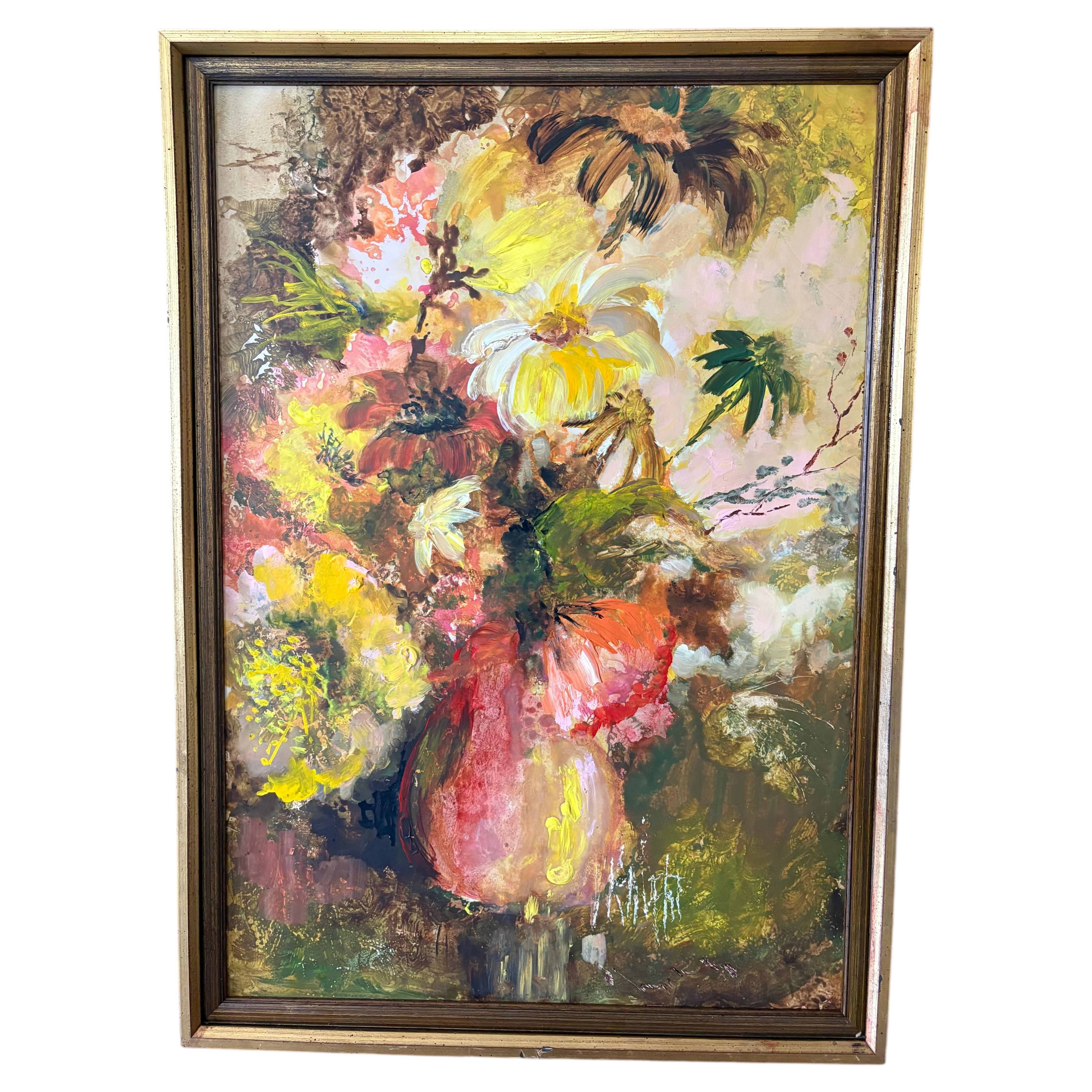 Peinture acrylique abstraite à motifs floraux, style « Mid-Century Modern », sur panneau