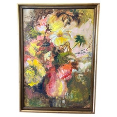Cuadro abstracto floral de estilo «Mid-Century Modern», pintado con acrílico sobre tabla