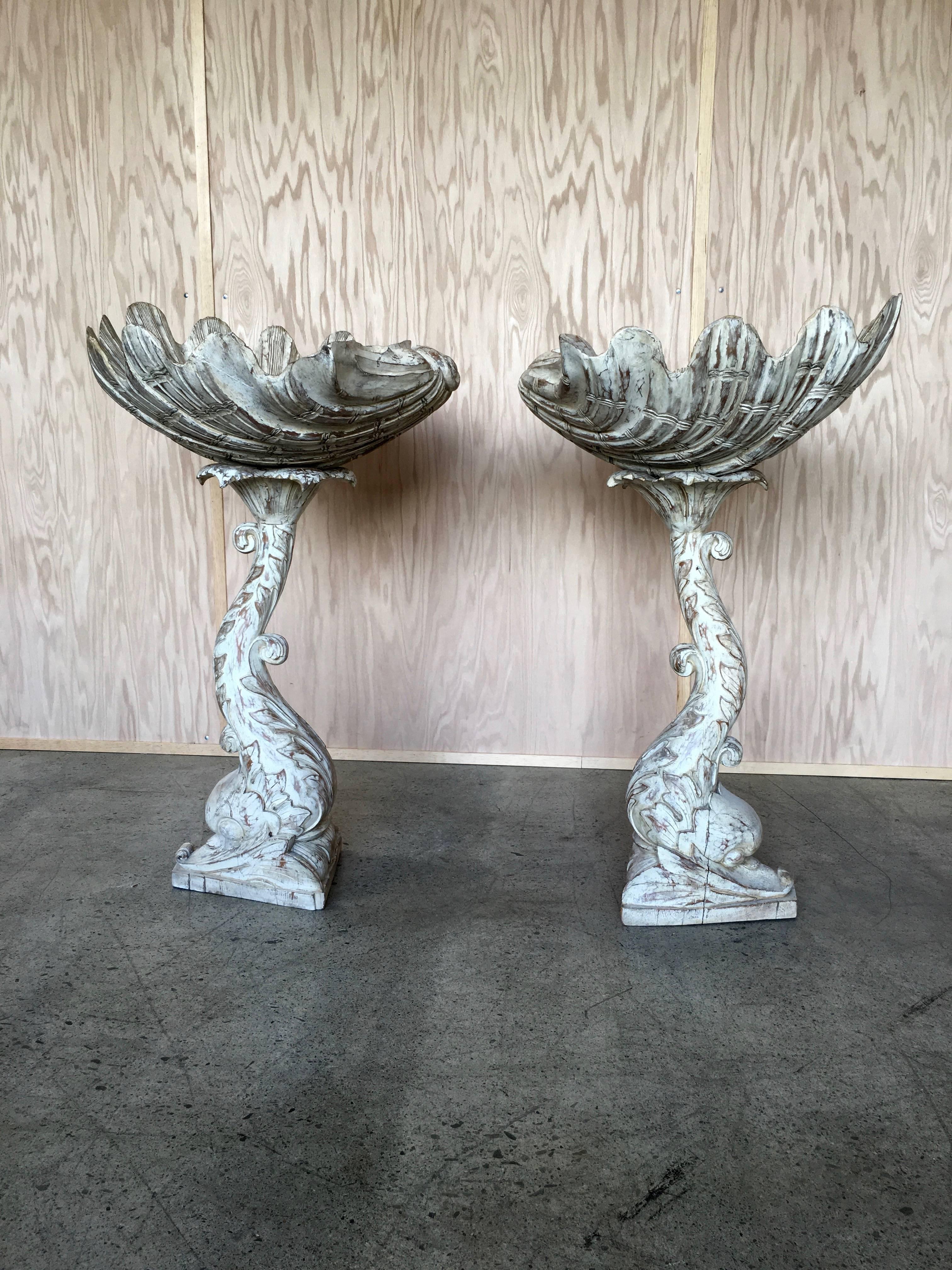 Wood Pair of Hand-Carved Grotto Style Plant Stands