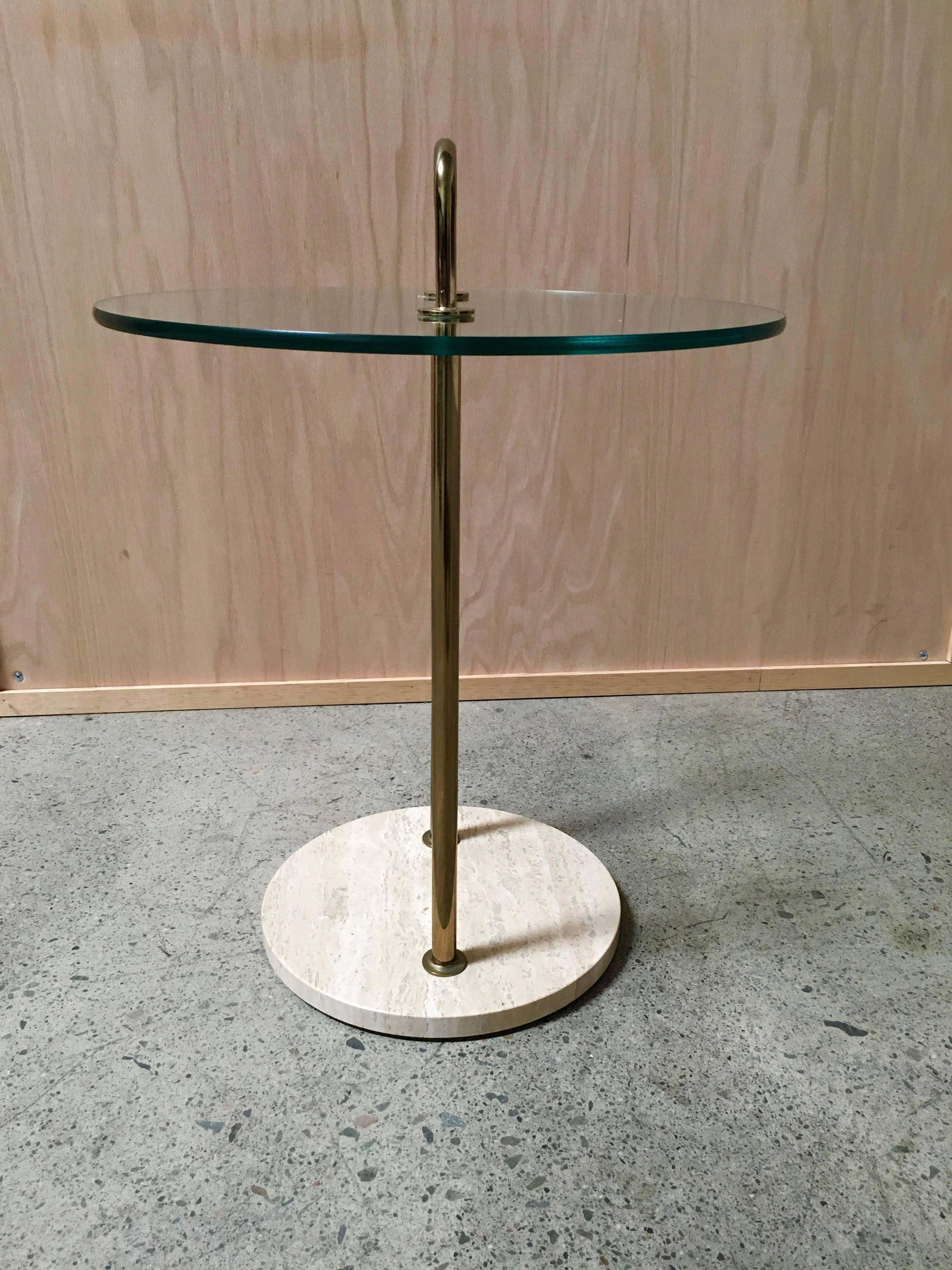 Brass Mid-Century Glass and Travertine Side Table