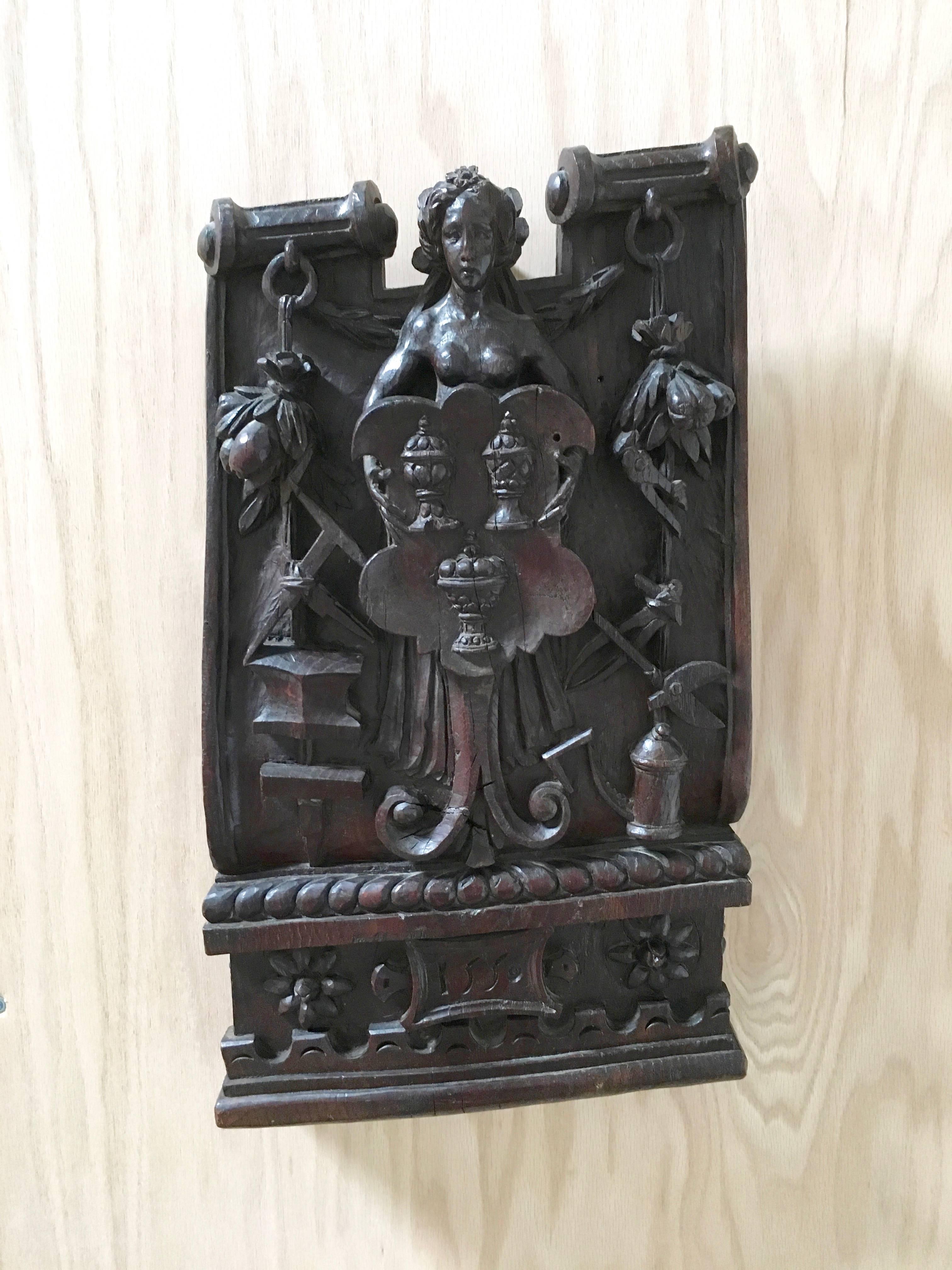Antique16th century hand-carved panel from France with intricate detail.