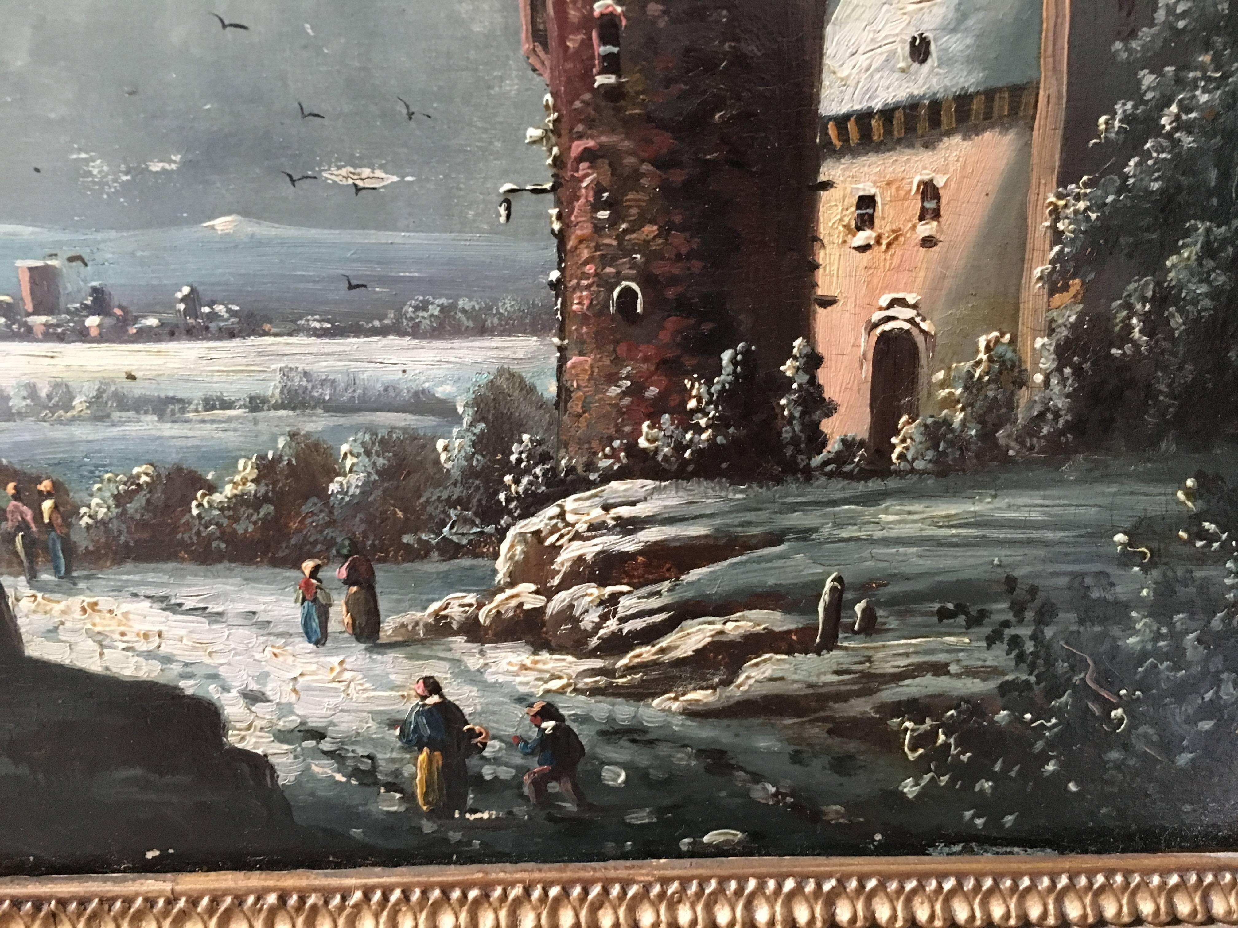 19th Century Oil on Board Castle Painting For Sale 1