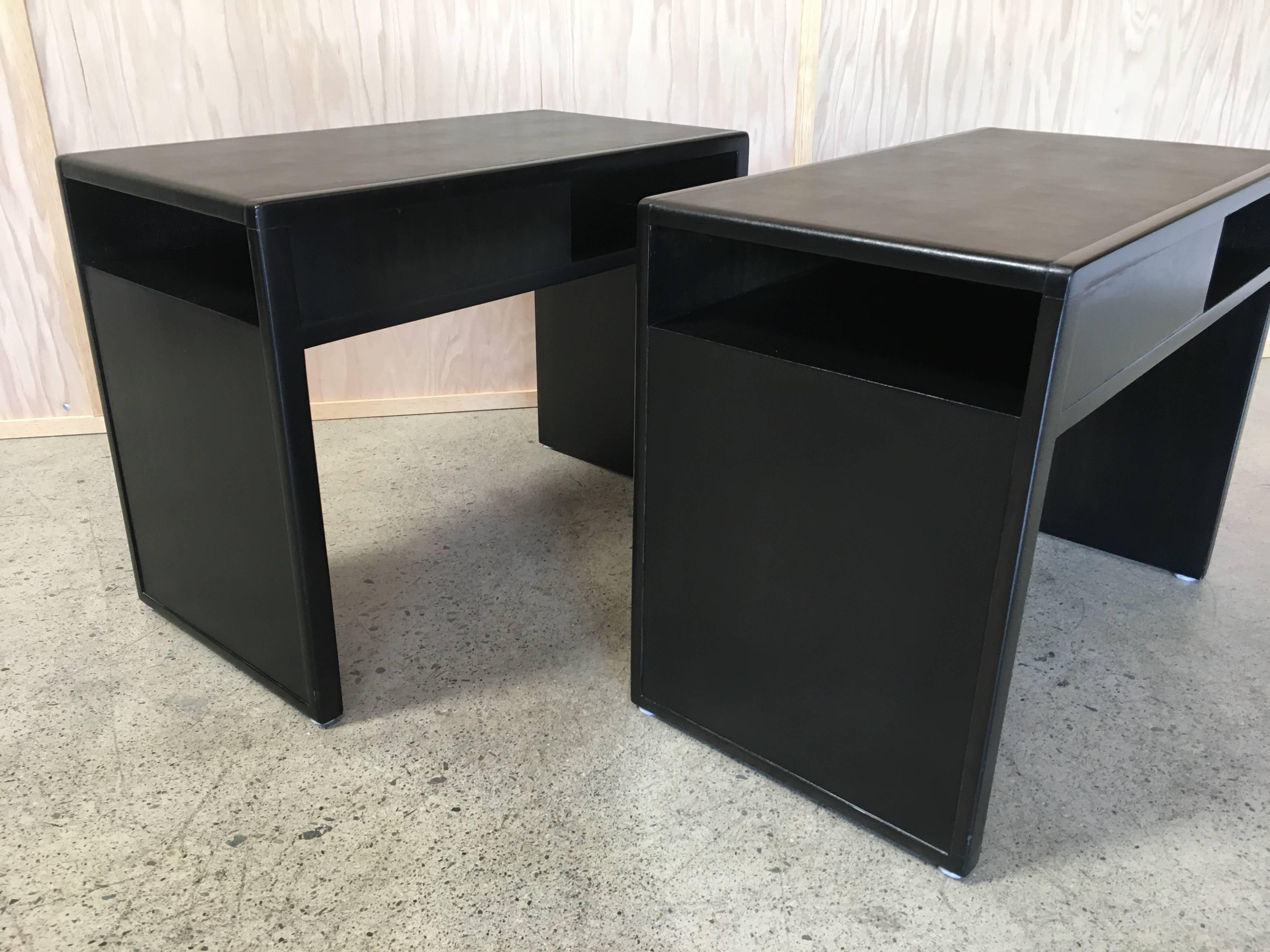 Edward Wormley for Dunbar End Tables with Black Leather 1