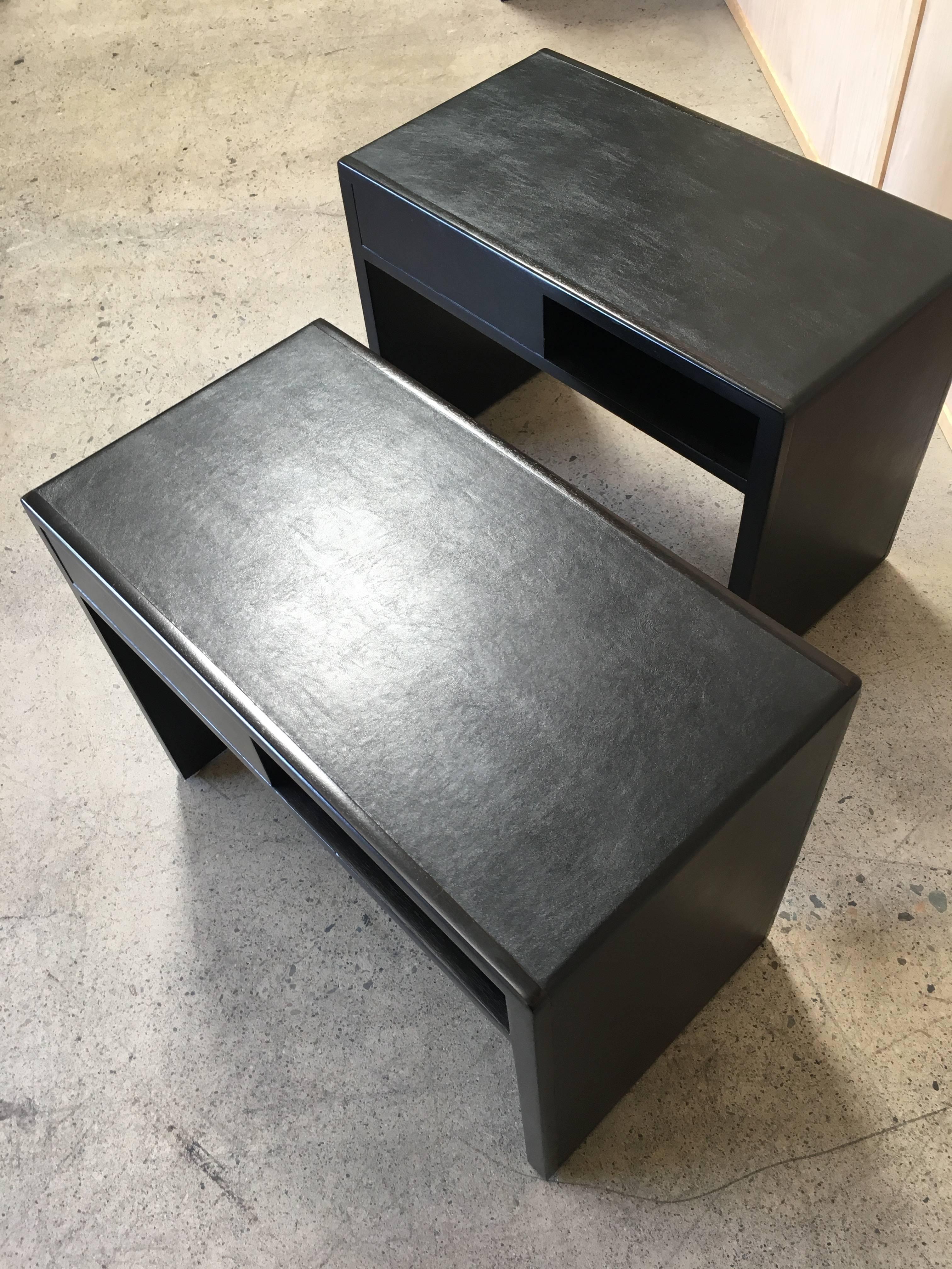 Edward Wormley for Dunbar End Tables with Black Leather 3