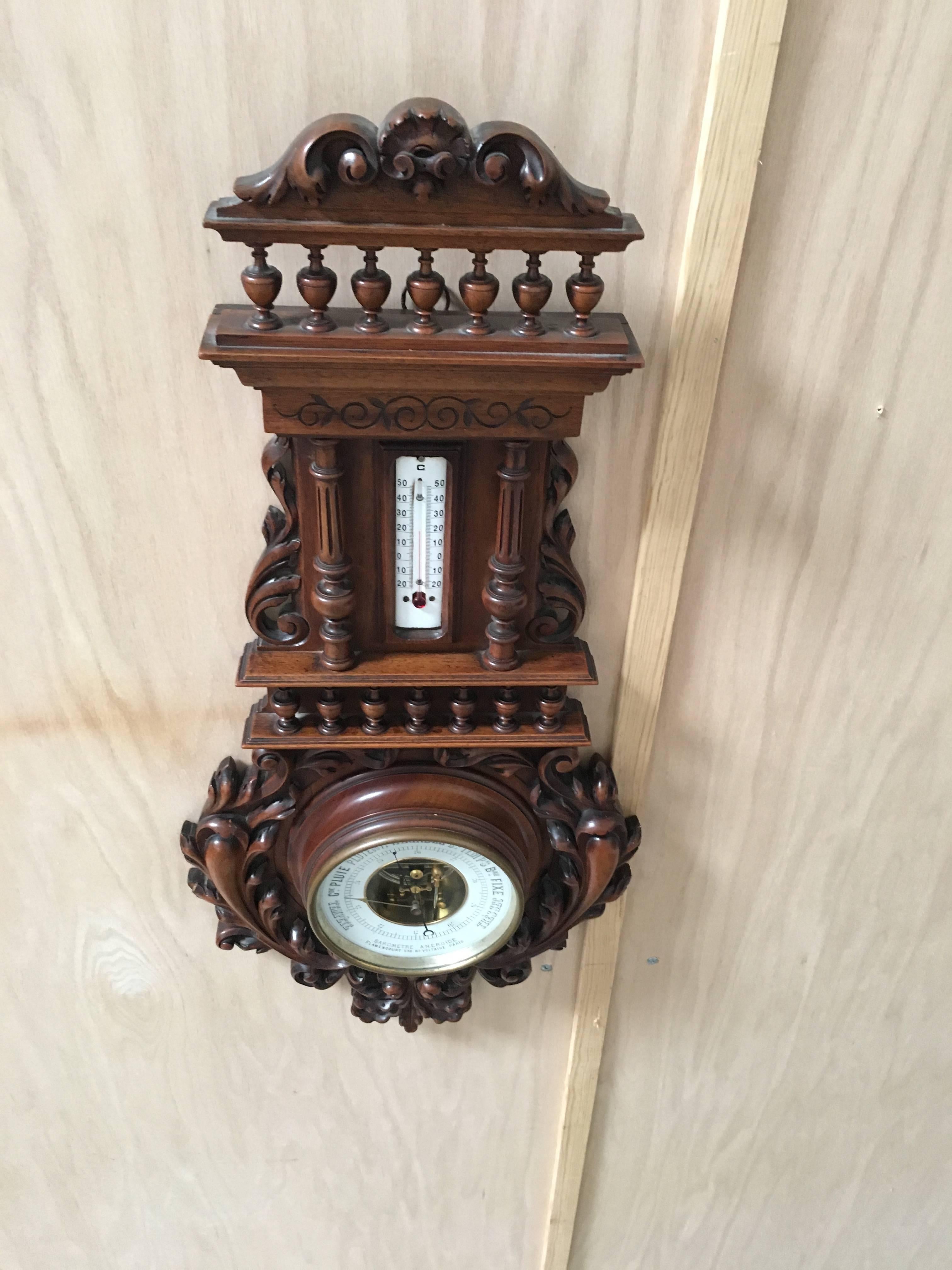 19th Century Carved Walnut Barometer & Thermometer in Centigrade   MOVING SALE!! 1